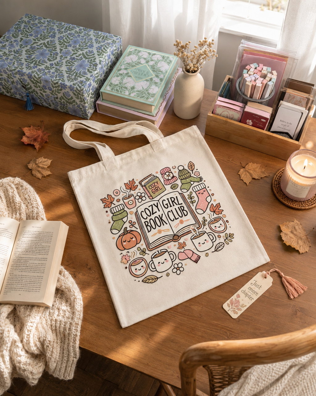 Cozy Girl Book Club Tote Bag | Fall Bookish Tote | Autumn Reader Gift | Cute Book Lover Bag | Cozy Reading Tote