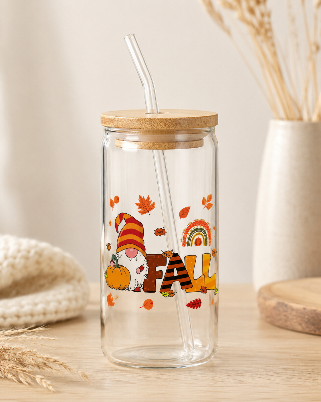 Autumn Glass Tumbler with Bamboo Lid & Straw | Fall Drinkware