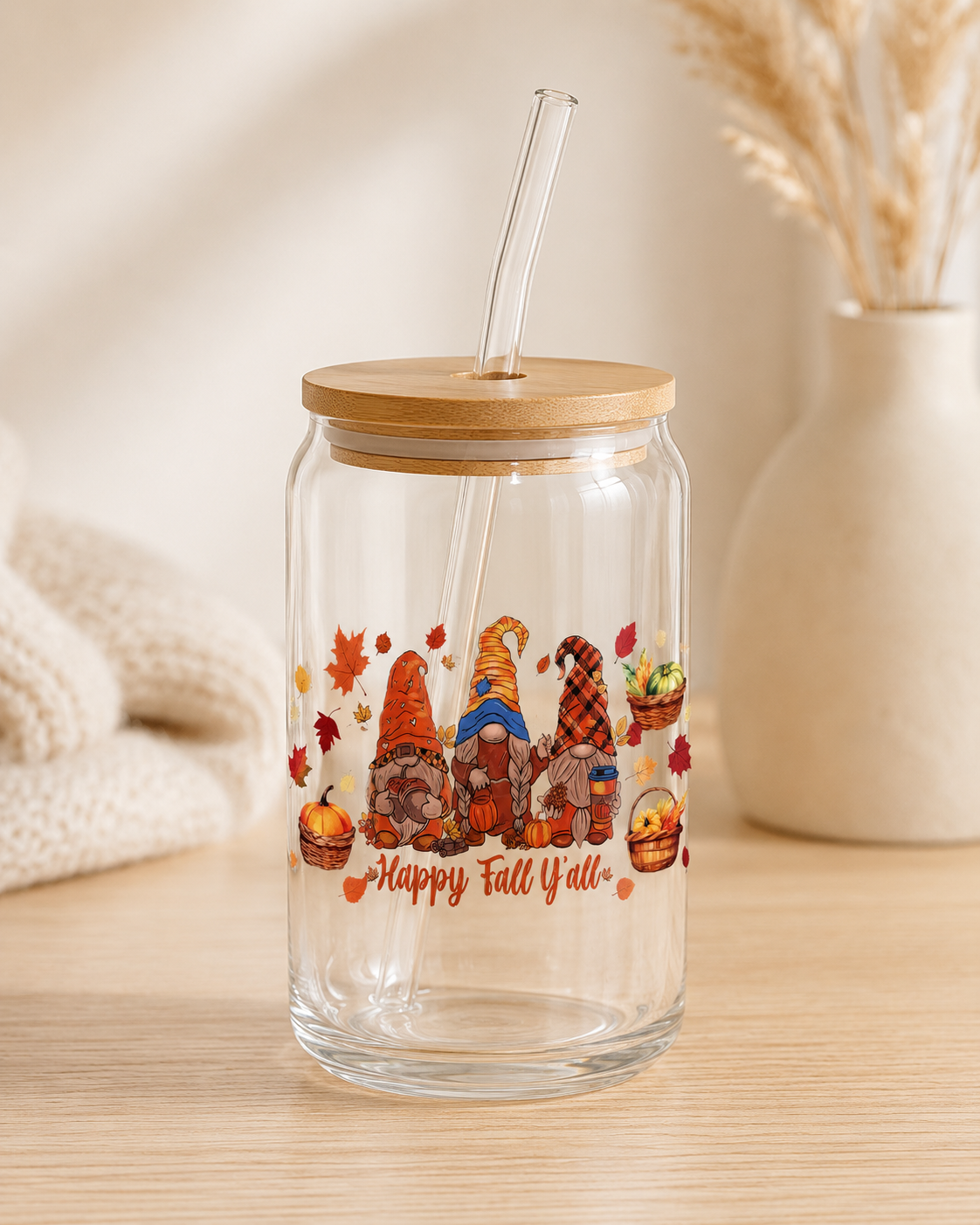 Autumn Glass Tumbler with Bamboo Lid & Straw | Fall Drinkware