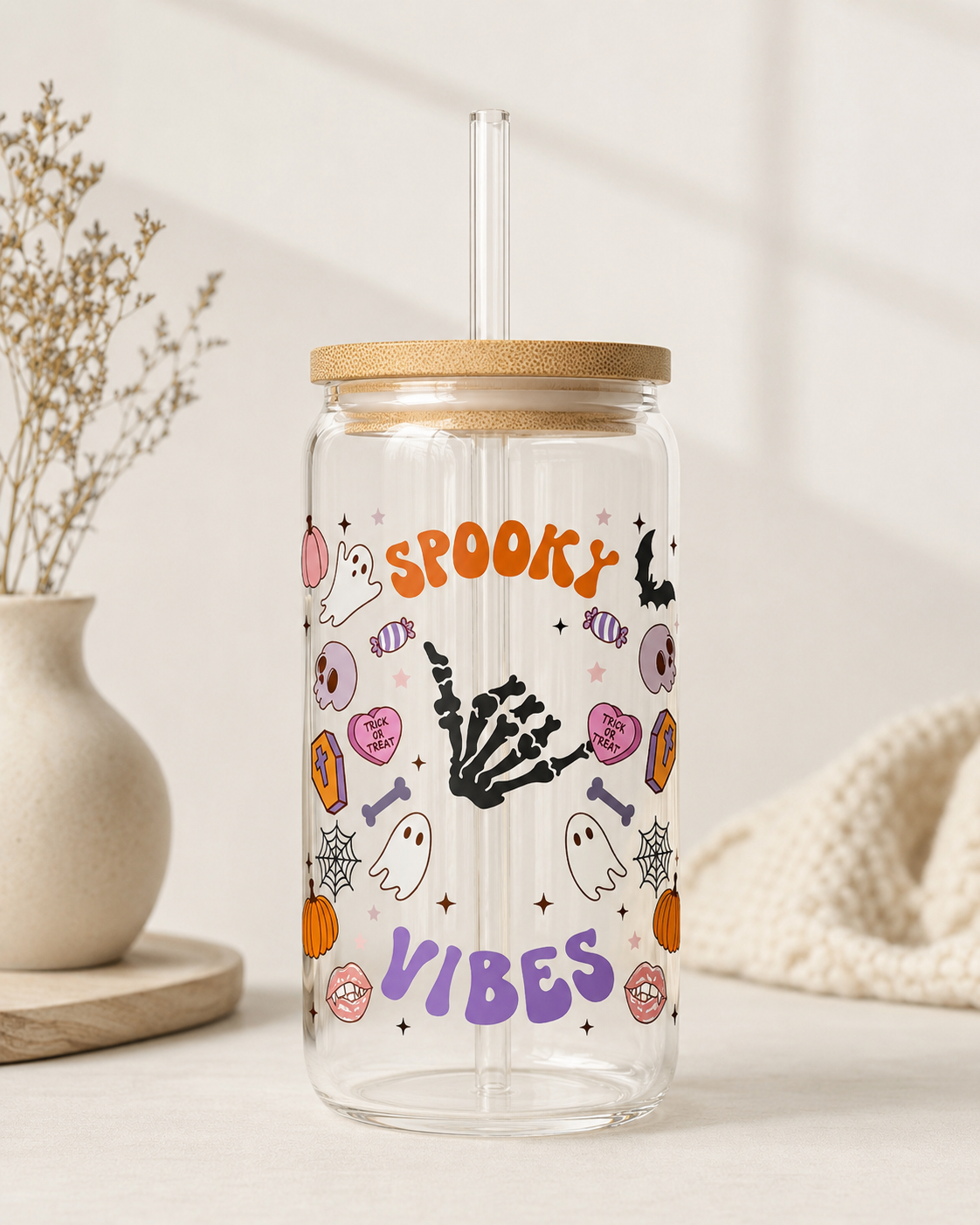 Halloween Glass Cup with Bamboo Lid & Straw - Spooky Gift Tumbler