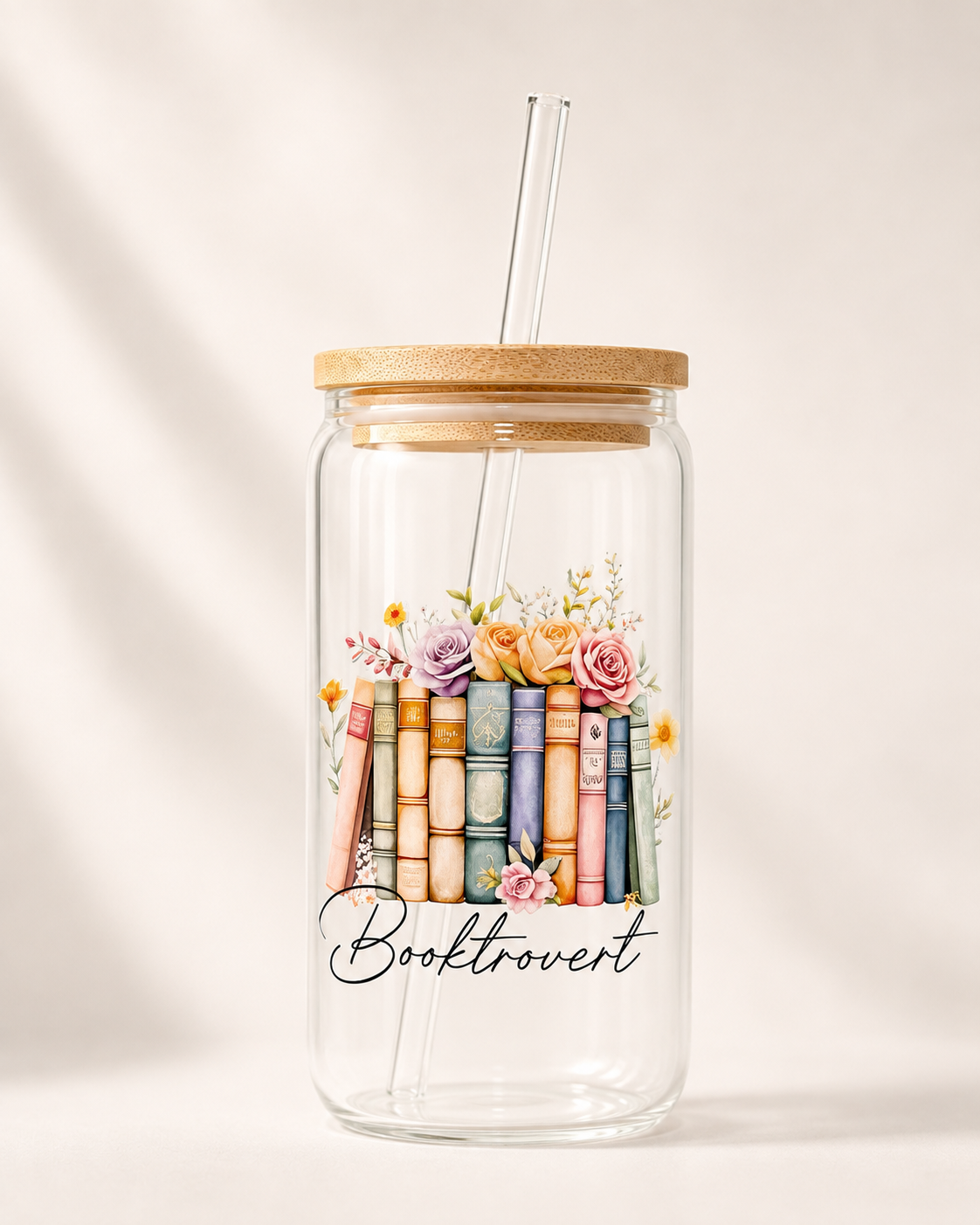 Book Lover Glass Cup – Bookish Designs with Bamboo Lid and Glass Straw (16 oz)