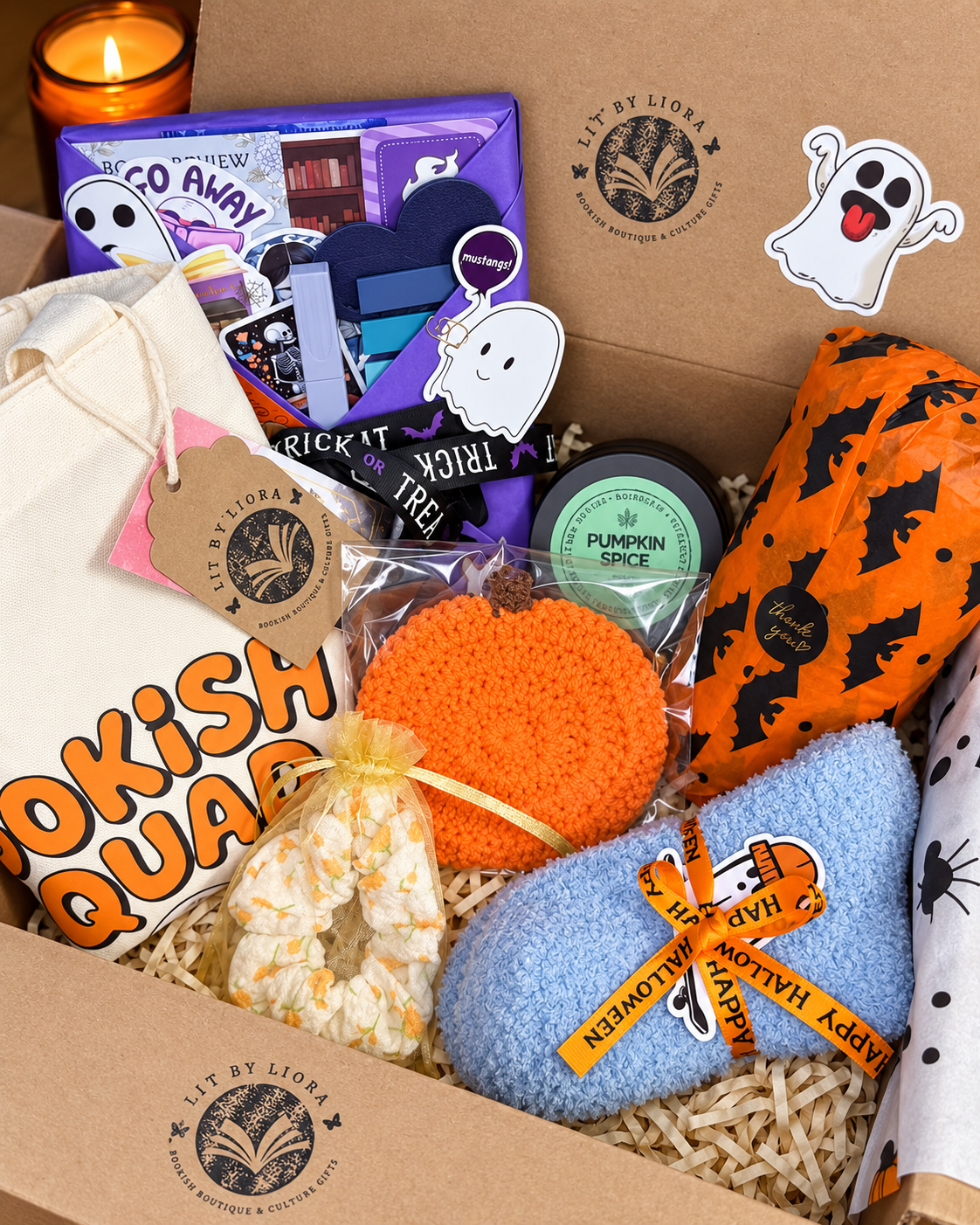 Halloween Book Lover Gift Box - Spooky Blind Date With a Book - Cozy Halloween Reading Bundle (Tote, Candle, Socks)