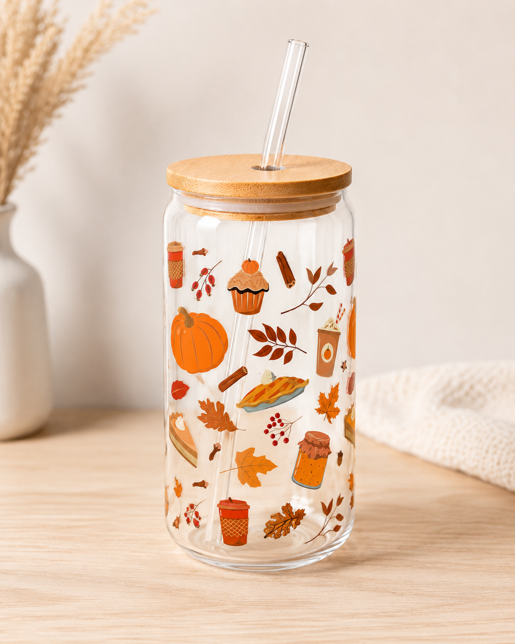 Autumn Glass Tumbler with Bamboo Lid & Straw | Fall Drinkware