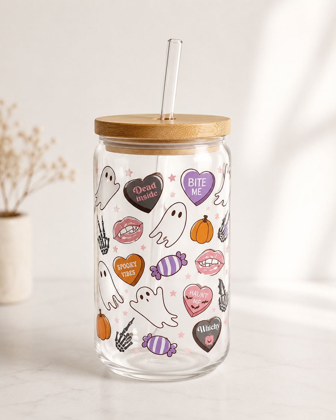 Halloween Glass Cup with Bamboo Lid & Straw - Spooky Gift Tumbler