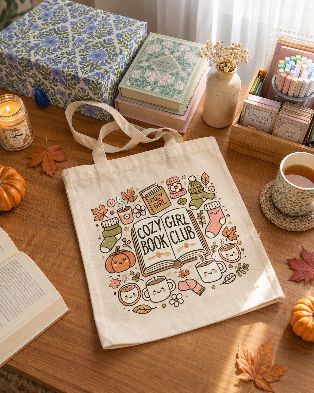 Cozy Girl Book Club Tote Bag | Fall Bookish Tote | Autumn Reader Gift | Cute Book Lover Bag | Cozy Reading Tote