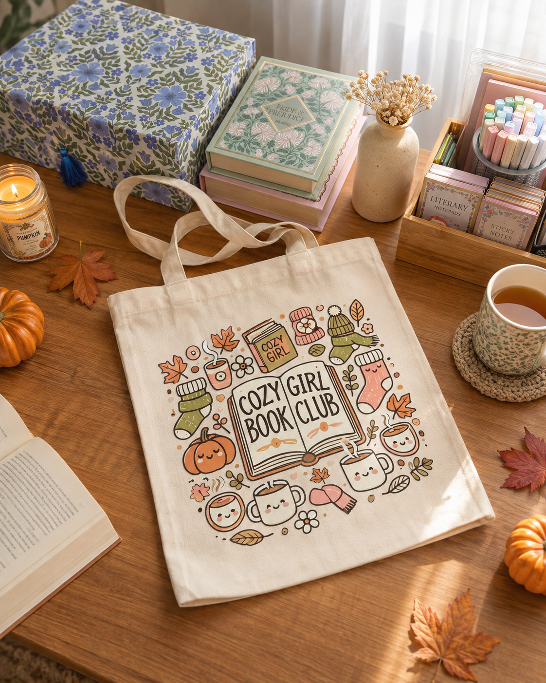 Cozy Girl Book Club Tote Bag | Fall Bookish Tote | Autumn Reader Gift | Cute Book Lover Bag | Cozy Reading Tote