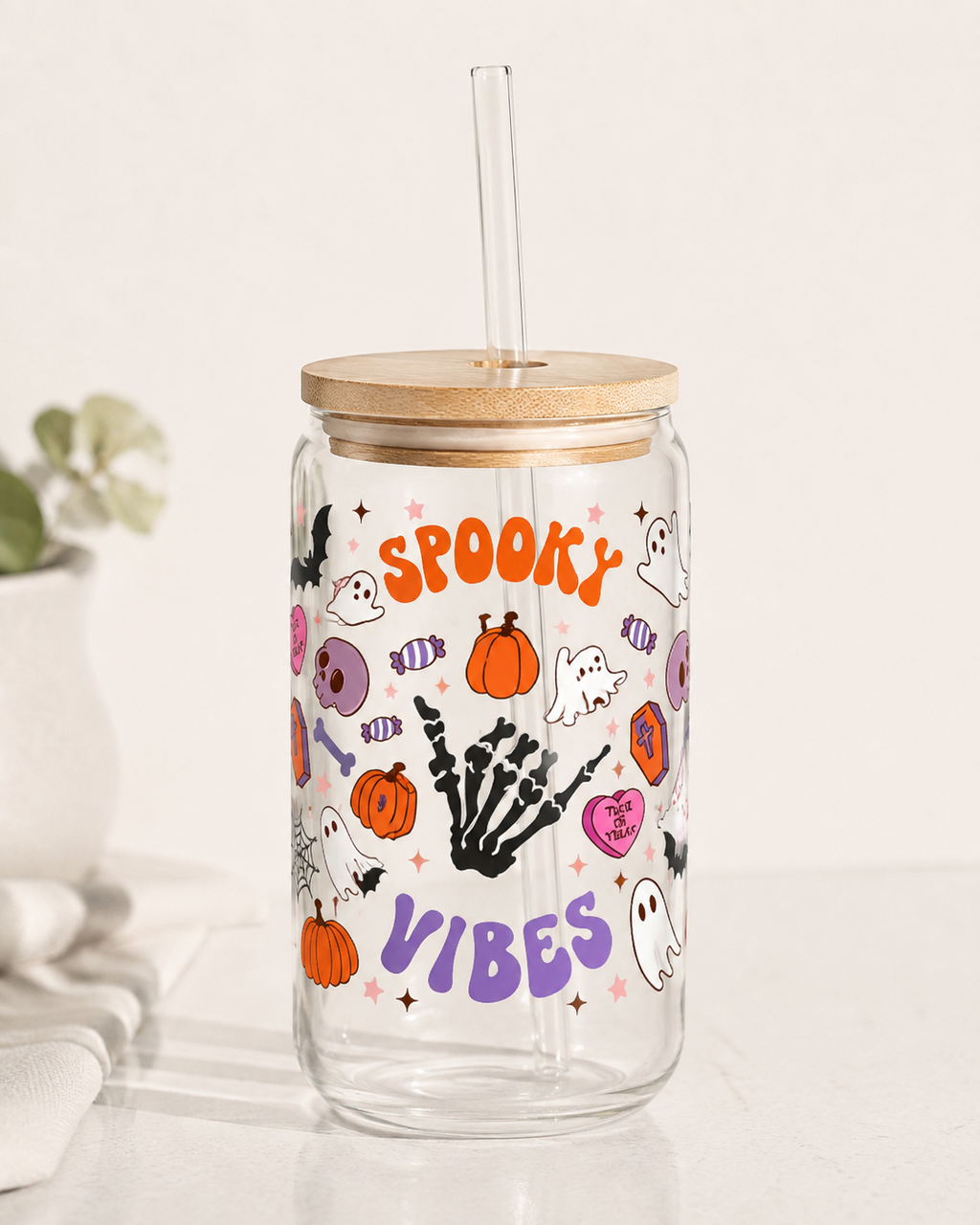 Halloween Glass Cup with Bamboo Lid & Straw - Spooky Gift Tumbler
