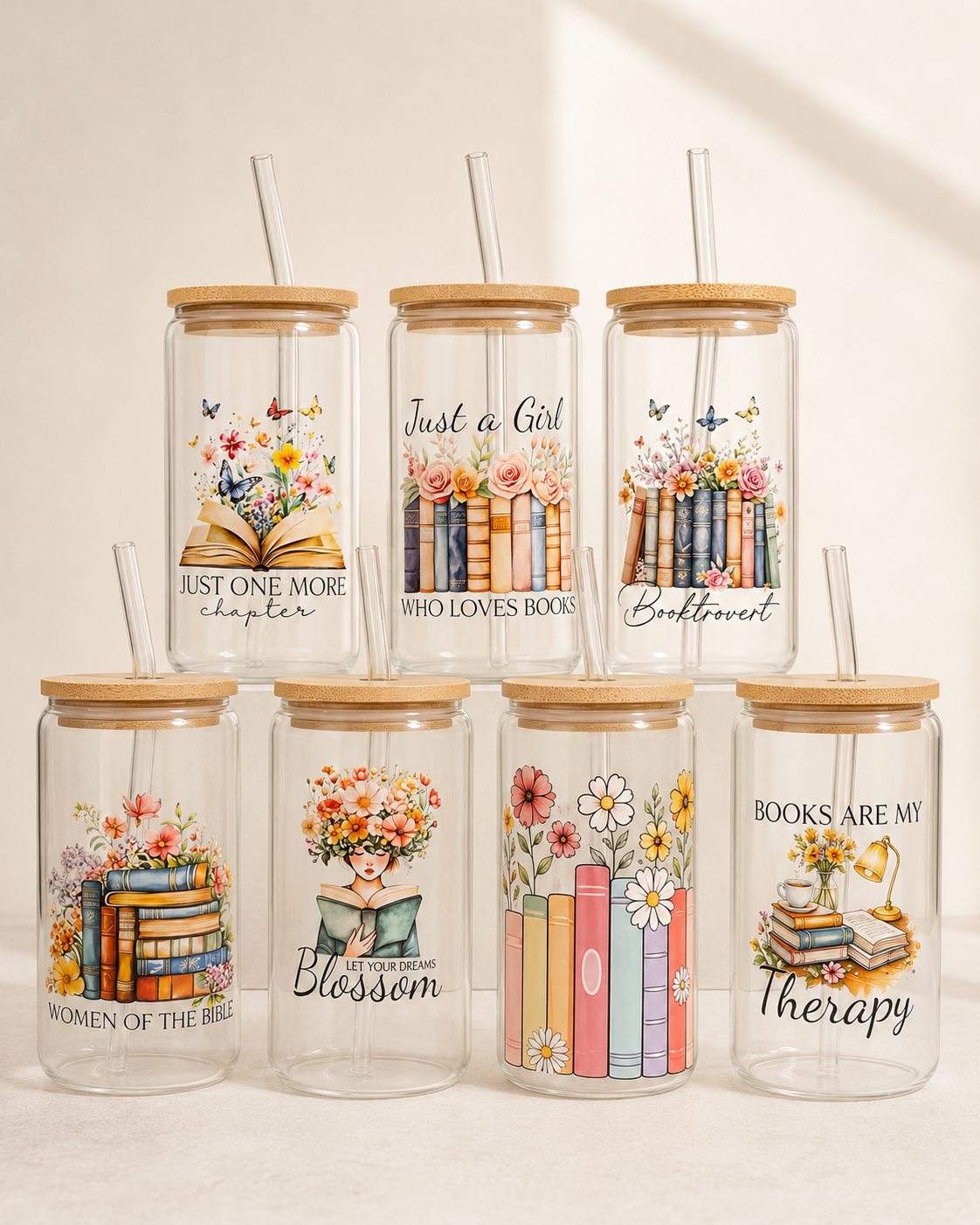 Book Lover Glass Cup – Bookish Designs with Bamboo Lid and Glass Straw (16 oz)