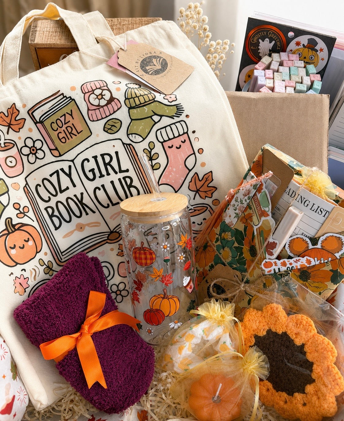 Autumn Blind Date Book Box | Surprise Book, Fall Glass Cup, Pumpkin Candle, Fall Tote Bag, Cloud Socks