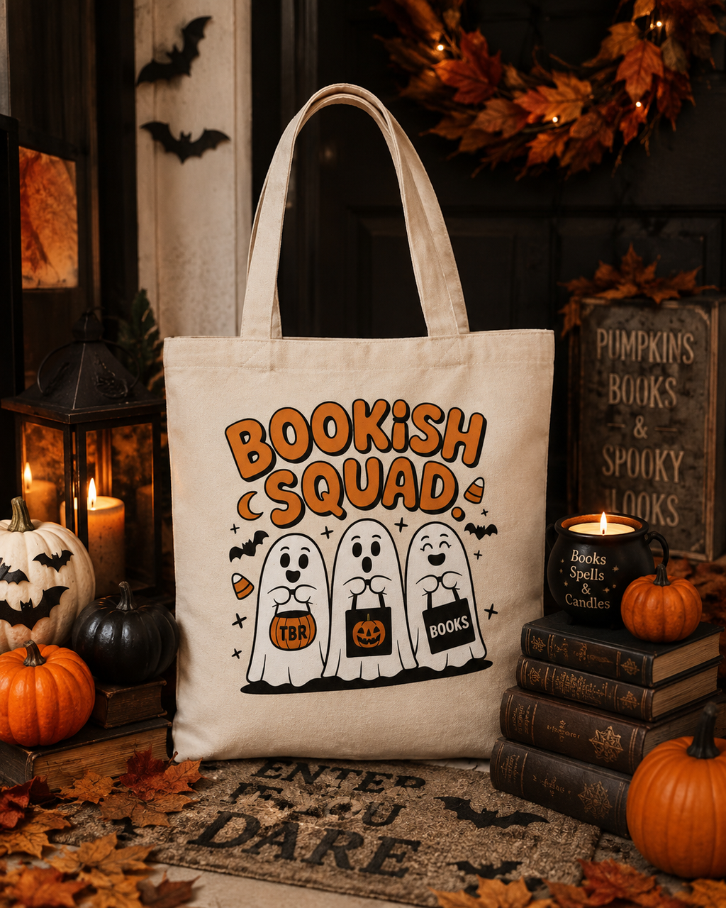 Bookish Halloween Tote Bag, Spooky Book Lover Bag, Fall Reader Gift