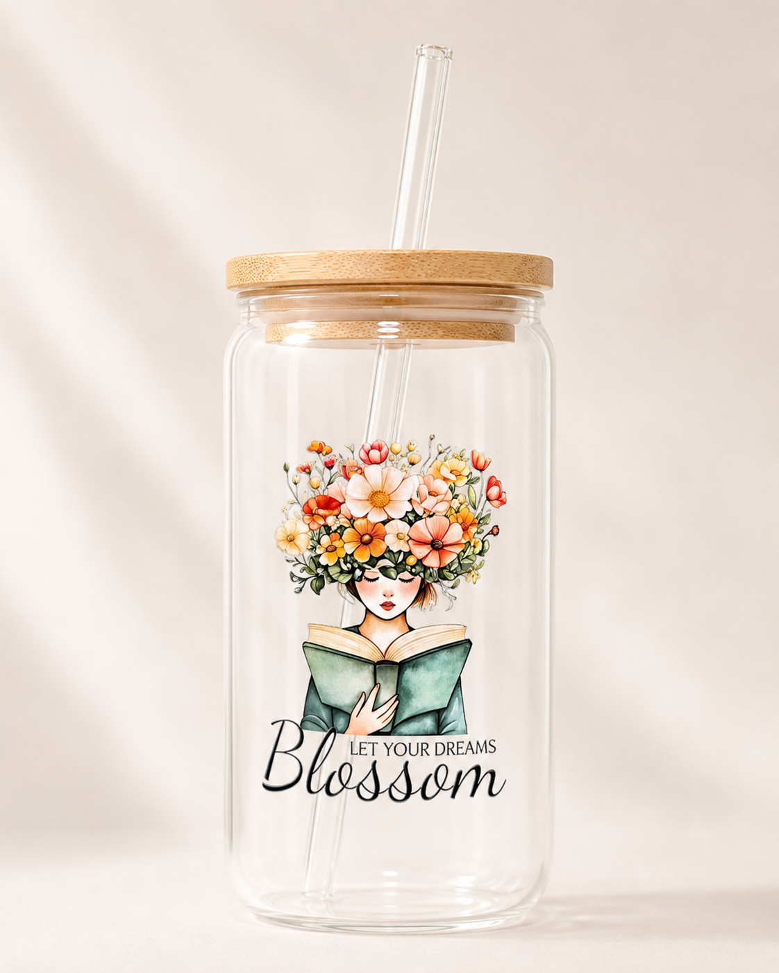 Book Lover Glass Cup – Bookish Designs with Bamboo Lid and Glass Straw (16 oz)