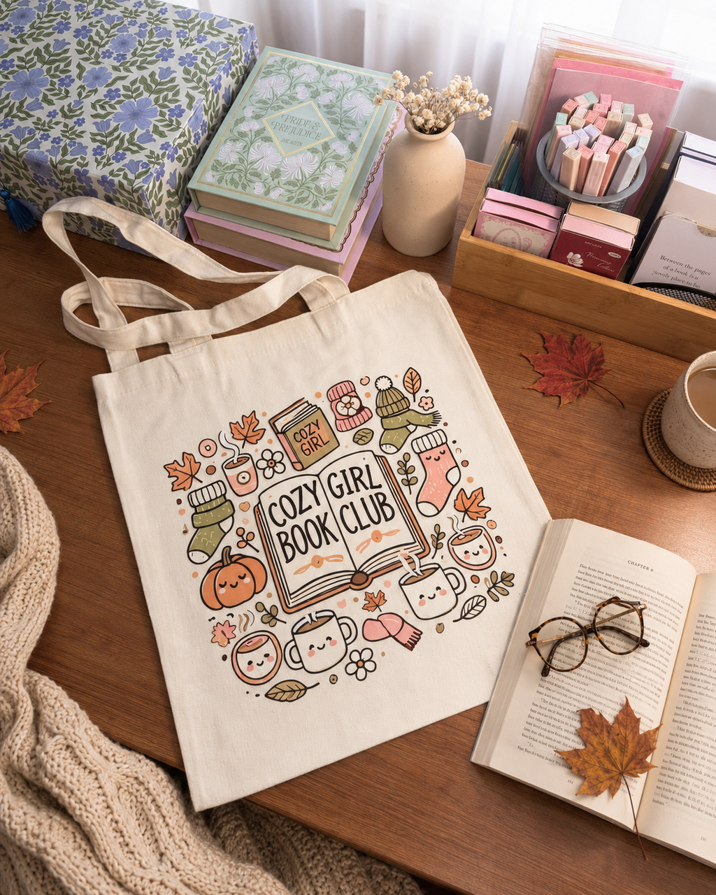 Cozy Girl Book Club Tote Bag | Fall Bookish Tote | Autumn Reader Gift | Cute Book Lover Bag | Cozy Reading Tote