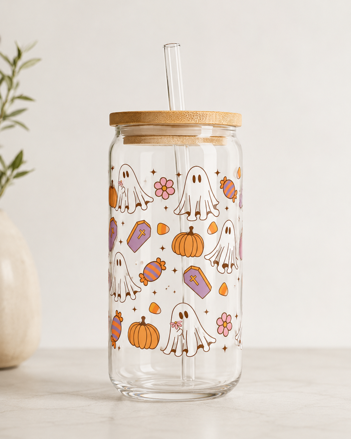 Halloween Glass Cup with Bamboo Lid & Straw - Spooky Gift Tumbler