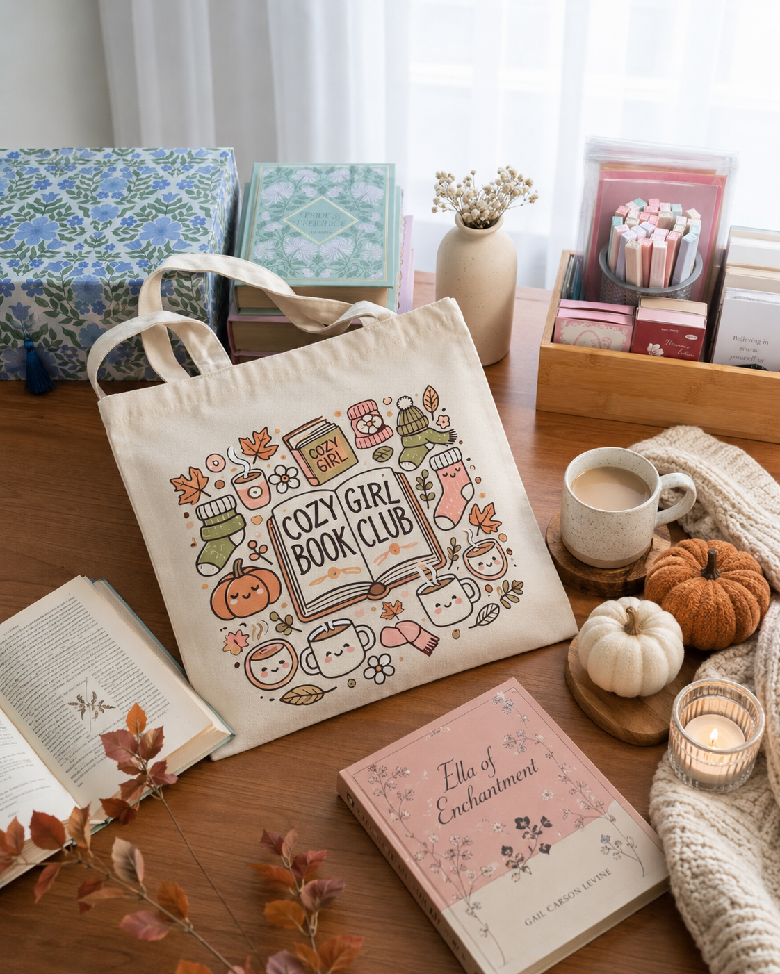 Cozy Girl Book Club Tote Bag | Fall Bookish Tote | Autumn Reader Gift | Cute Book Lover Bag | Cozy Reading Tote