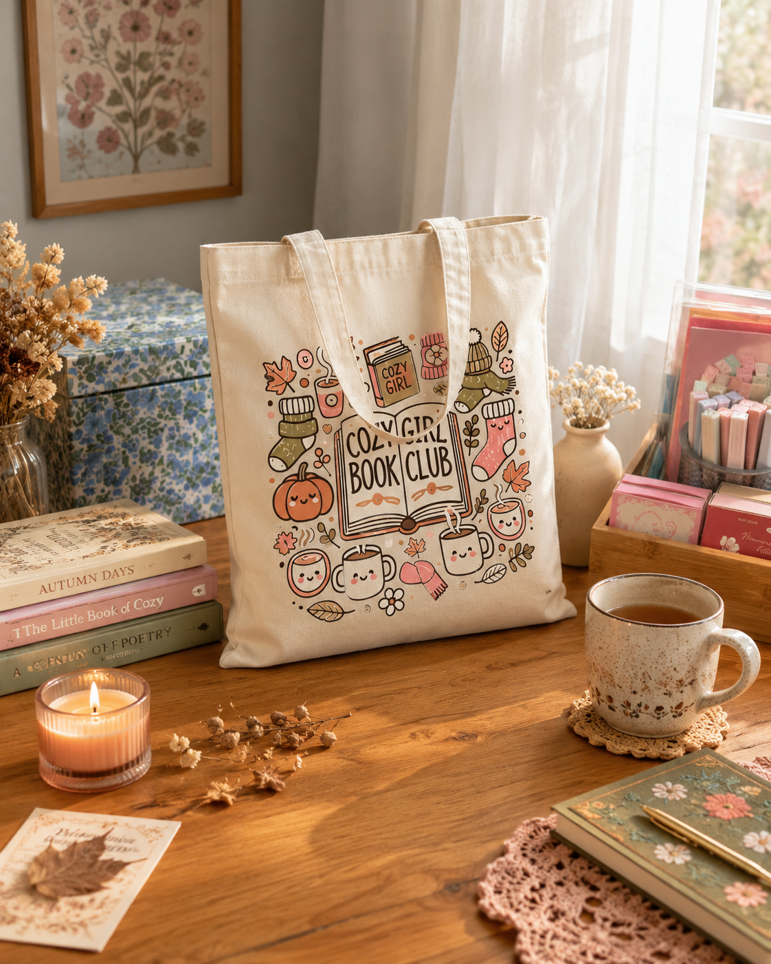 Cozy Girl Book Club Tote Bag | Fall Bookish Tote | Autumn Reader Gift | Cute Book Lover Bag | Cozy Reading Tote