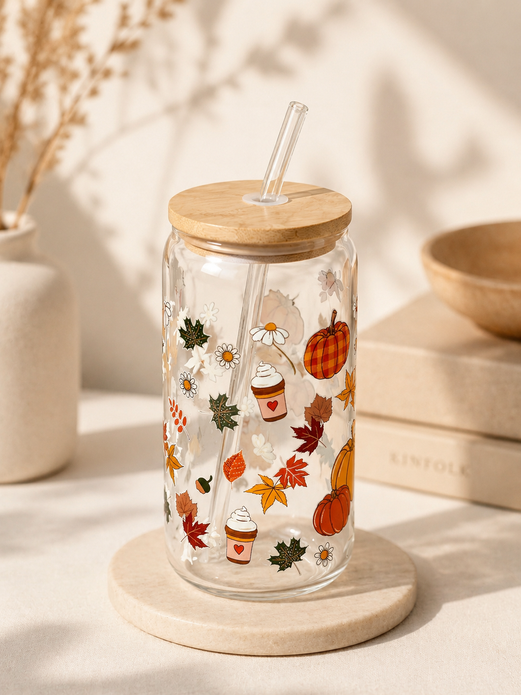 Autumn Glass Tumbler with Bamboo Lid & Straw | Fall Drinkware