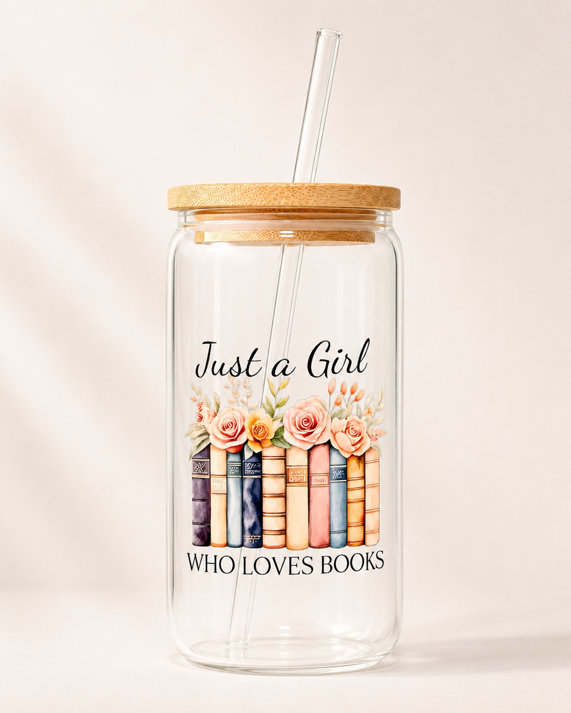 Book Lover Glass Cup – Bookish Designs with Bamboo Lid and Glass Straw (16 oz)
