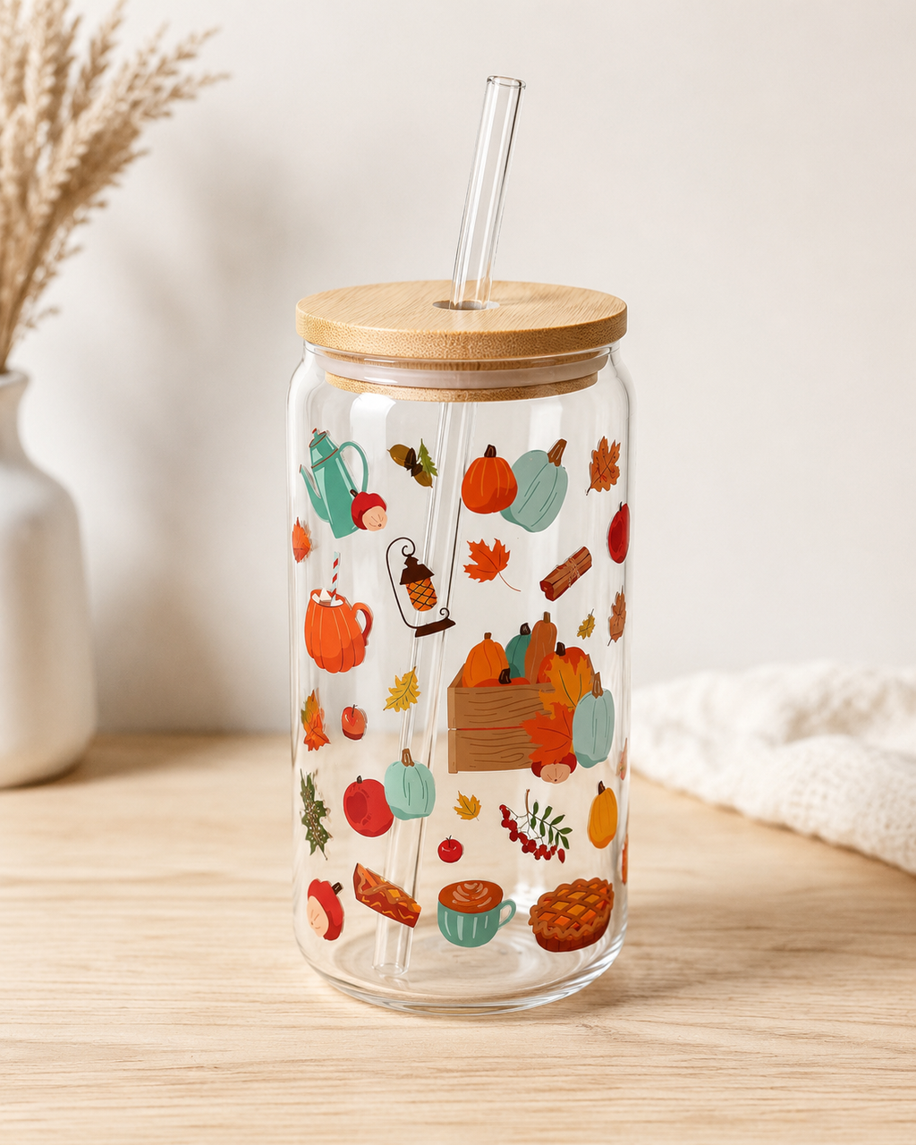 Autumn Glass Tumbler with Bamboo Lid & Straw | Fall Drinkware
