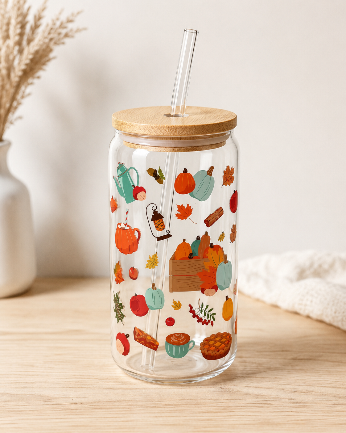 Autumn Glass Tumbler with Bamboo Lid & Straw | Fall Drinkware