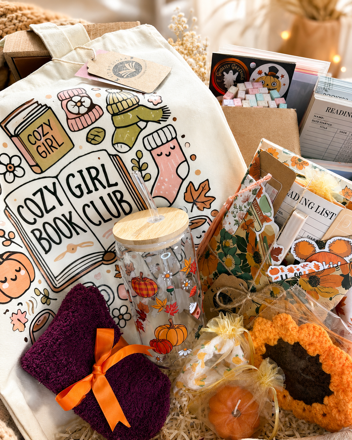 Autumn Blind Date Book Box | Surprise Book, Fall Glass Cup, Pumpkin Candle, Fall Tote Bag, Cloud Socks