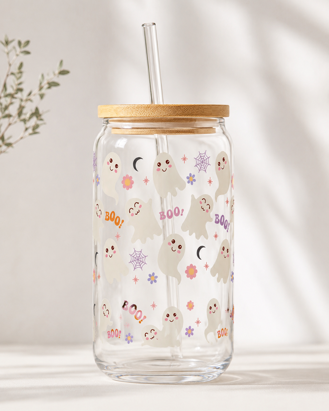 Halloween Glass Cup with Bamboo Lid & Straw - Spooky Gift Tumbler