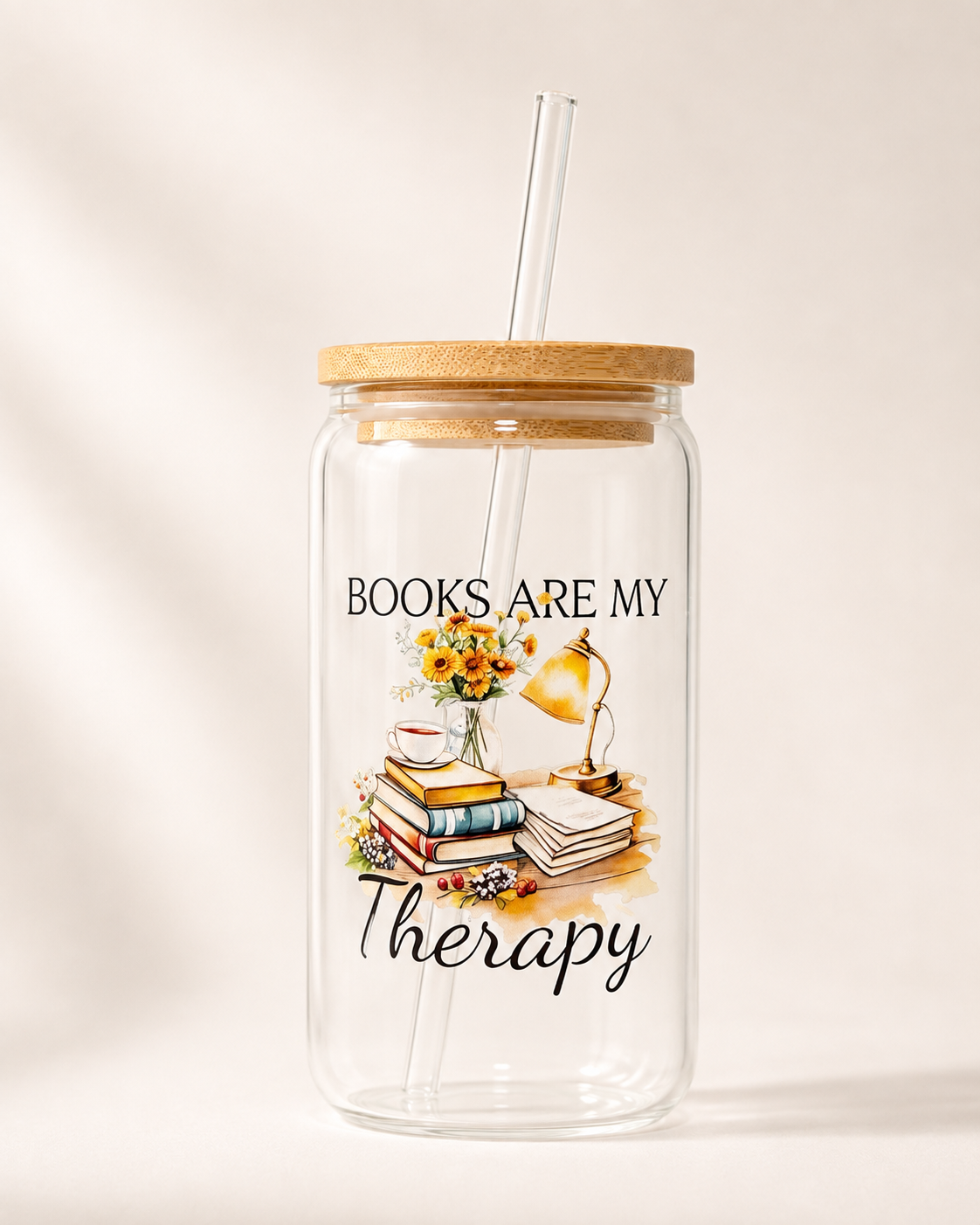 Book Lover Glass Cup – Bookish Designs with Bamboo Lid and Glass Straw (16 oz)