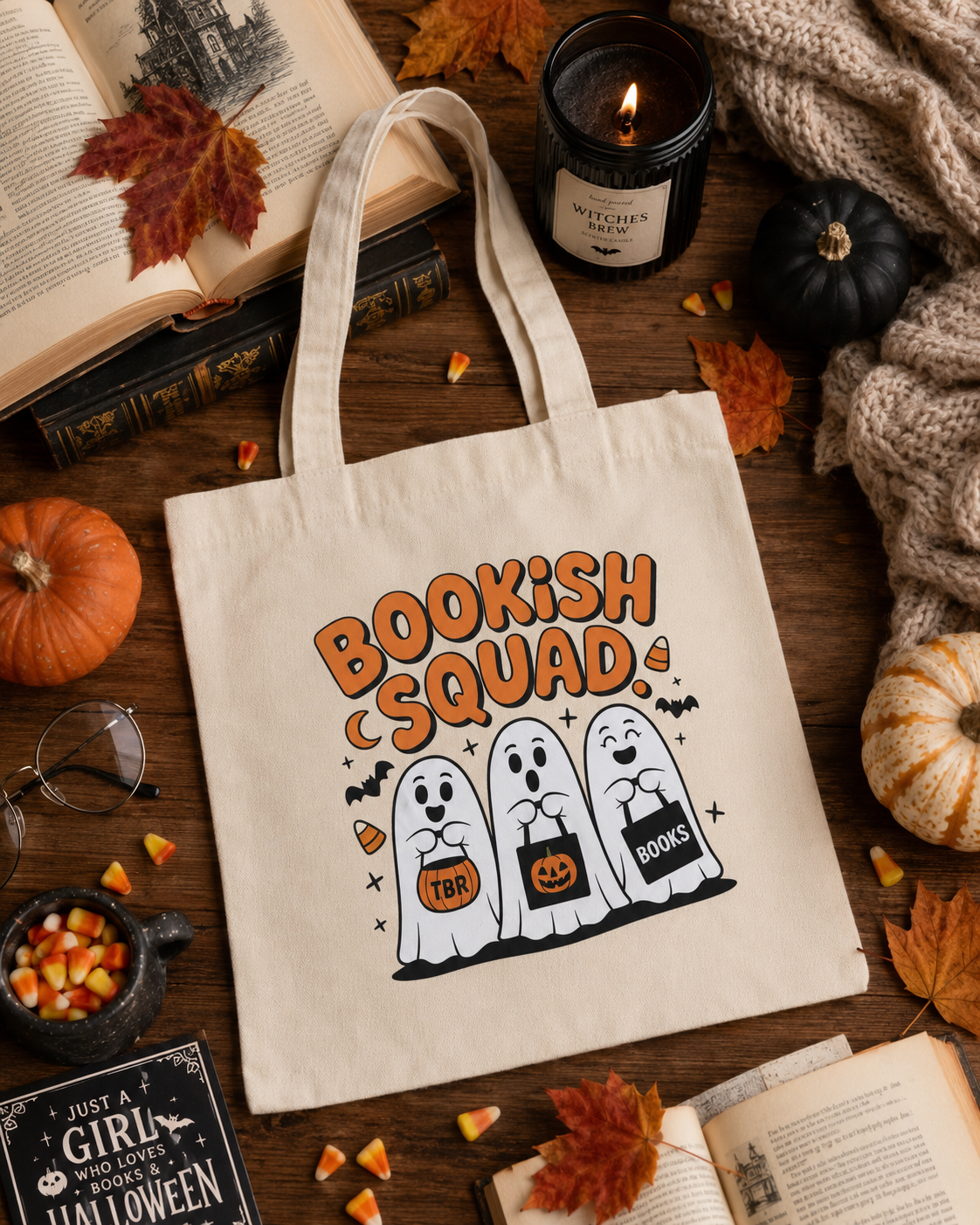 Bookish Halloween Tote Bag, Spooky Book Lover Bag, Fall Reader Gift