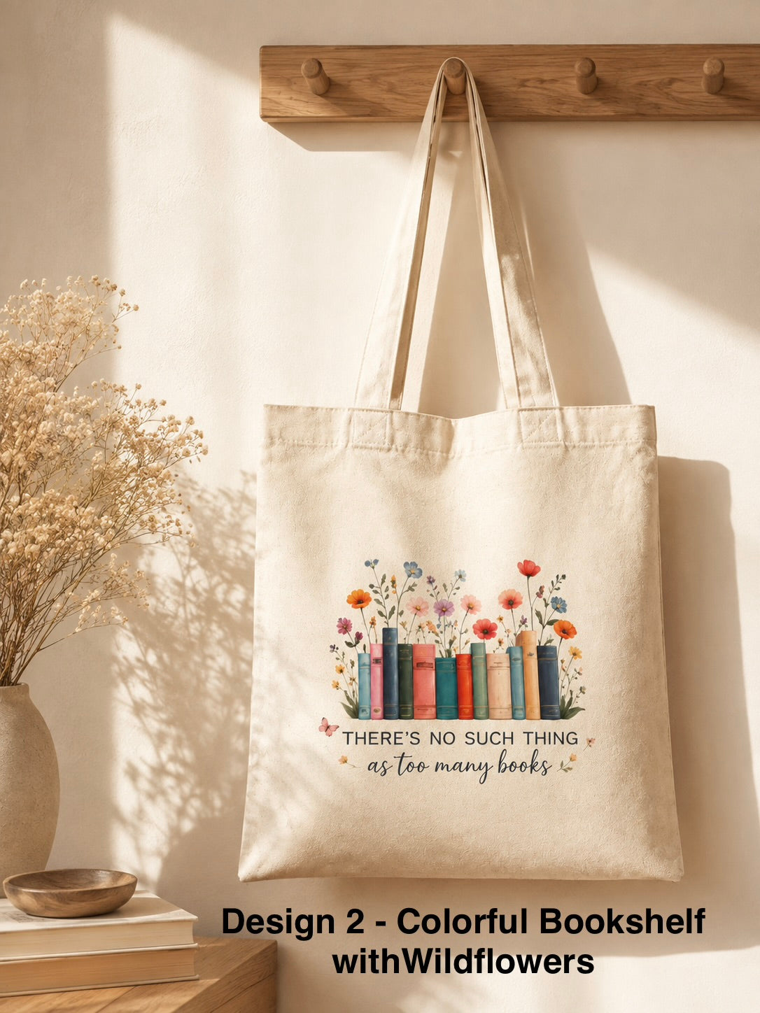 Bookish Tote Bag - Stacked Books Floral Design Canvas Bag