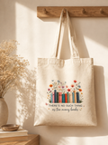 Bookish Tote Bag - Stacked Books Floral Design Canvas Bag