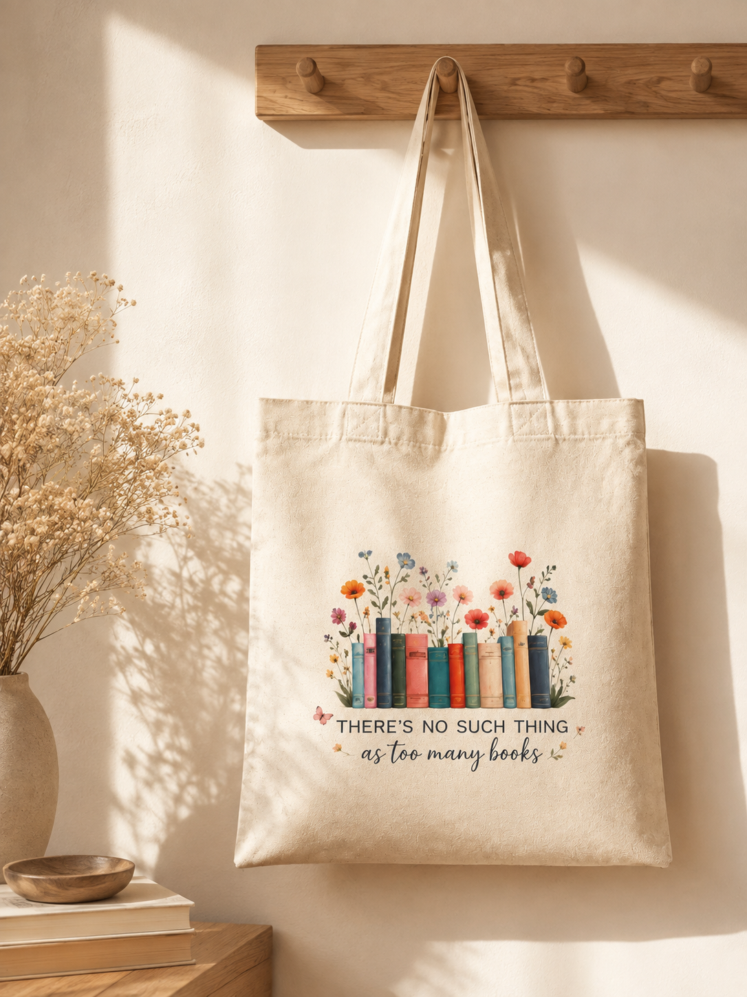Bookish Tote Bag - Stacked Books Floral Design Canvas Bag