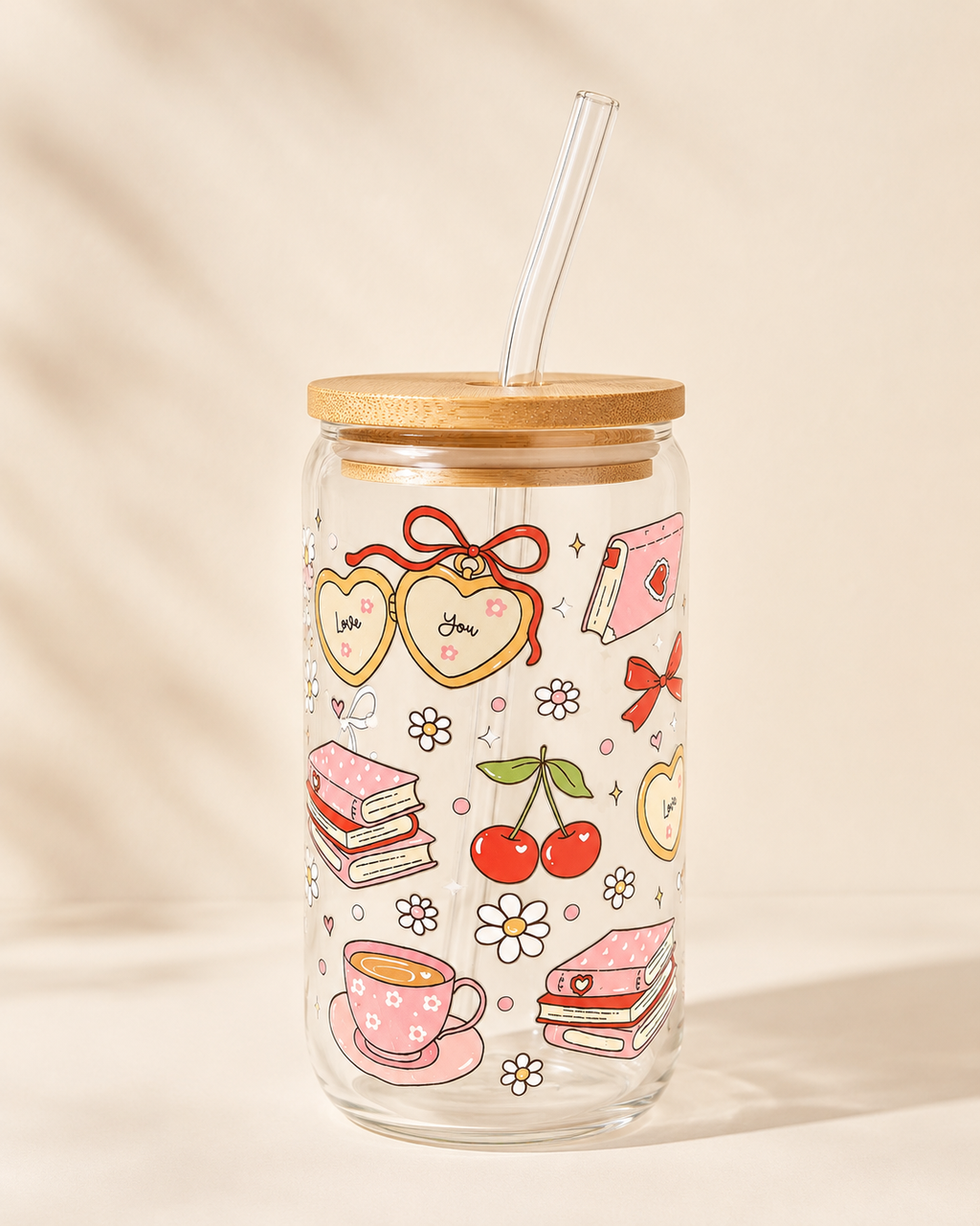 Book Lover Glass Cup – Bookish Designs with Bamboo Lid and Glass Straw (16 oz)