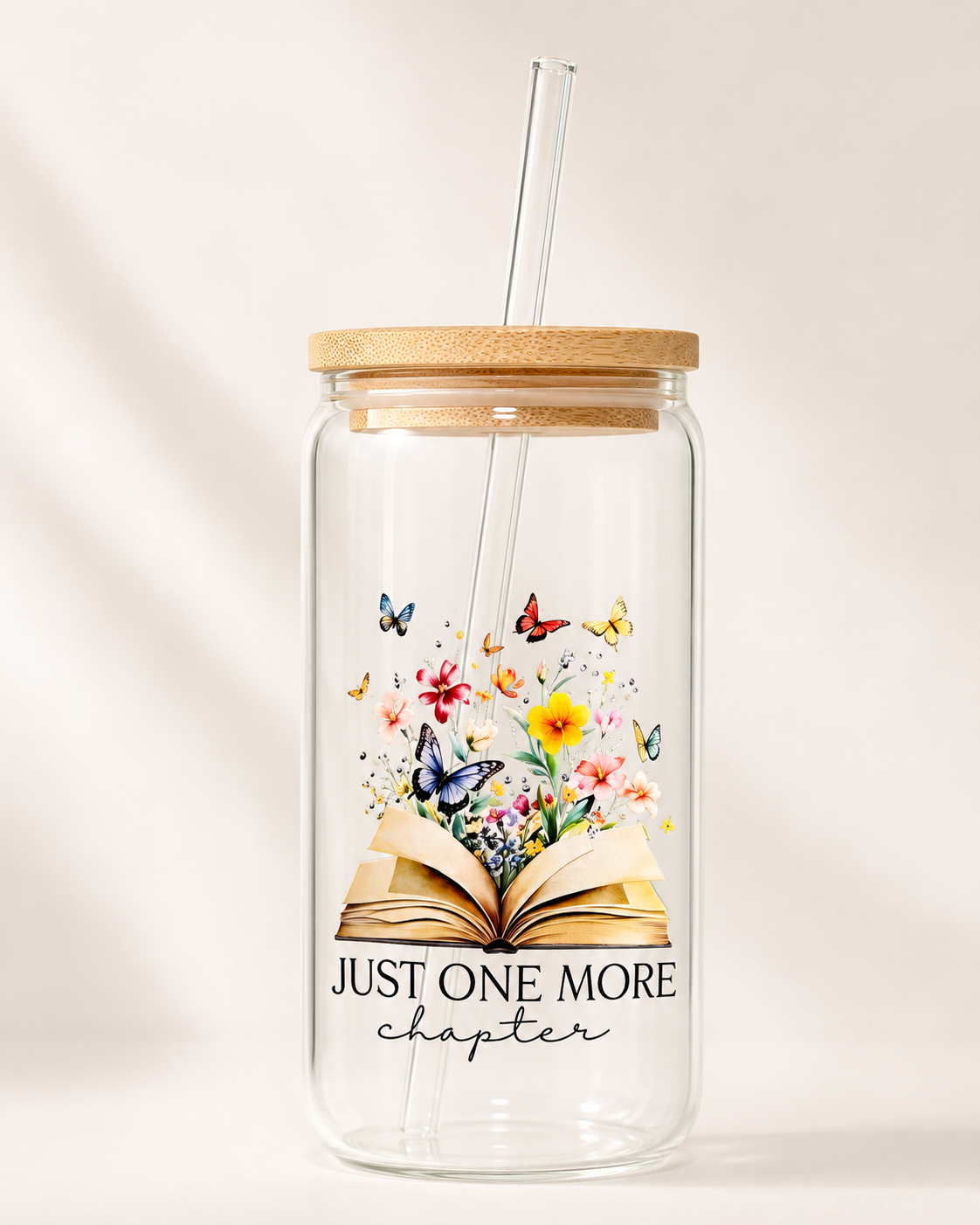 Book Lover Glass Cup – Bookish Designs with Bamboo Lid and Glass Straw (16 oz)