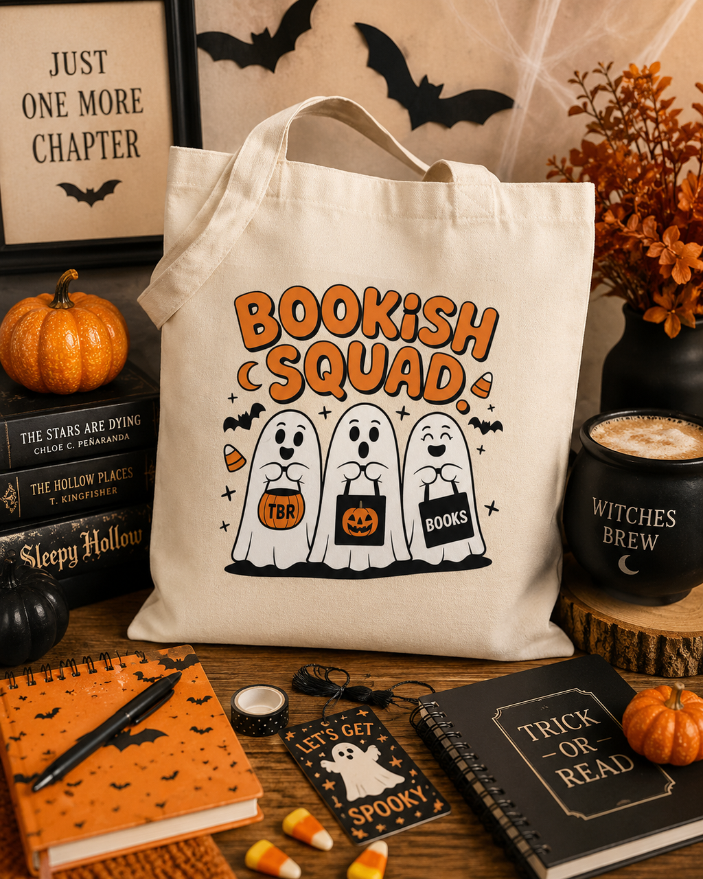 Bookish Halloween Tote Bag, Spooky Book Lover Bag, Fall Reader Gift