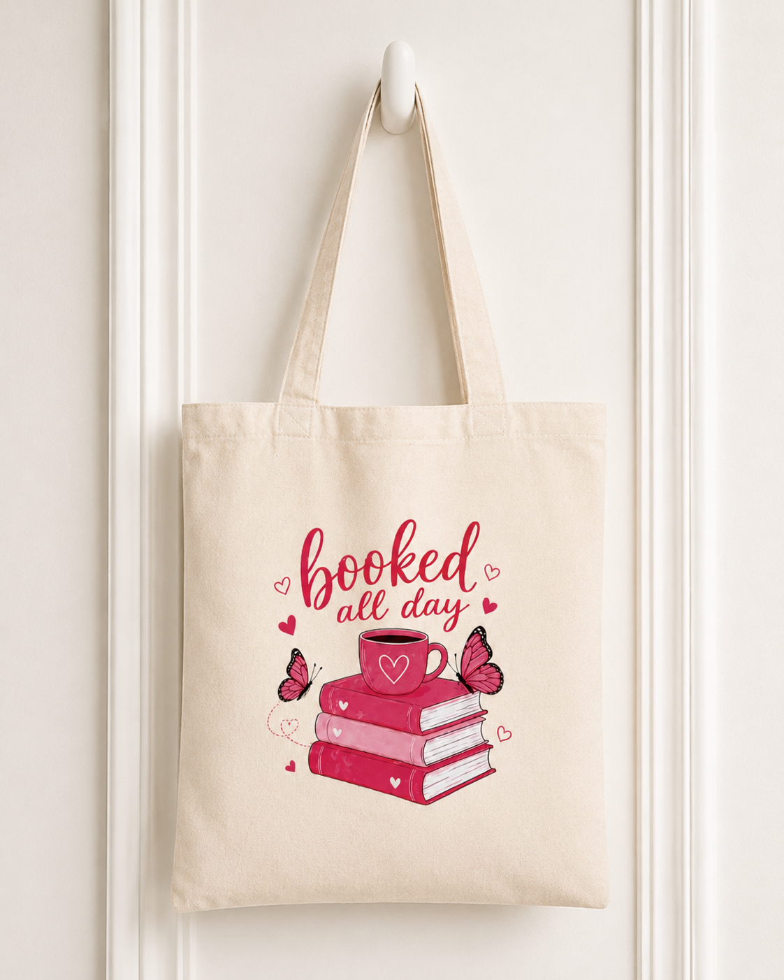 Booked All Day Tote Bag - Bookish Canvas Tote - Book Lover Gift - Pink