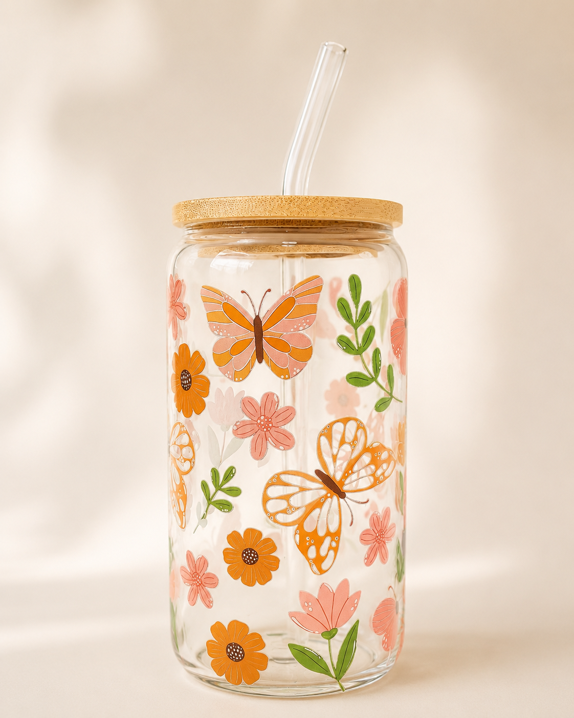 Flowers and Butterflies Glass Cup with Bamboo Lid and Glass Straw (16 oz)