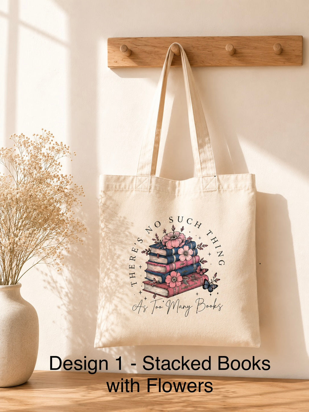 Bookish Tote Bag - Stacked Books Floral Design Canvas Bag
