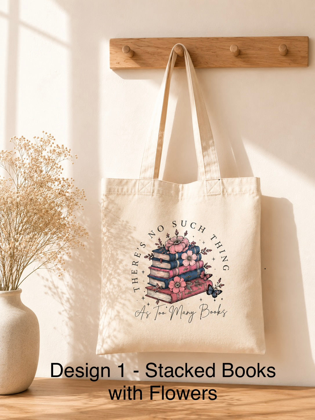 Bookish Tote Bag - Stacked Books Floral Design Canvas Bag