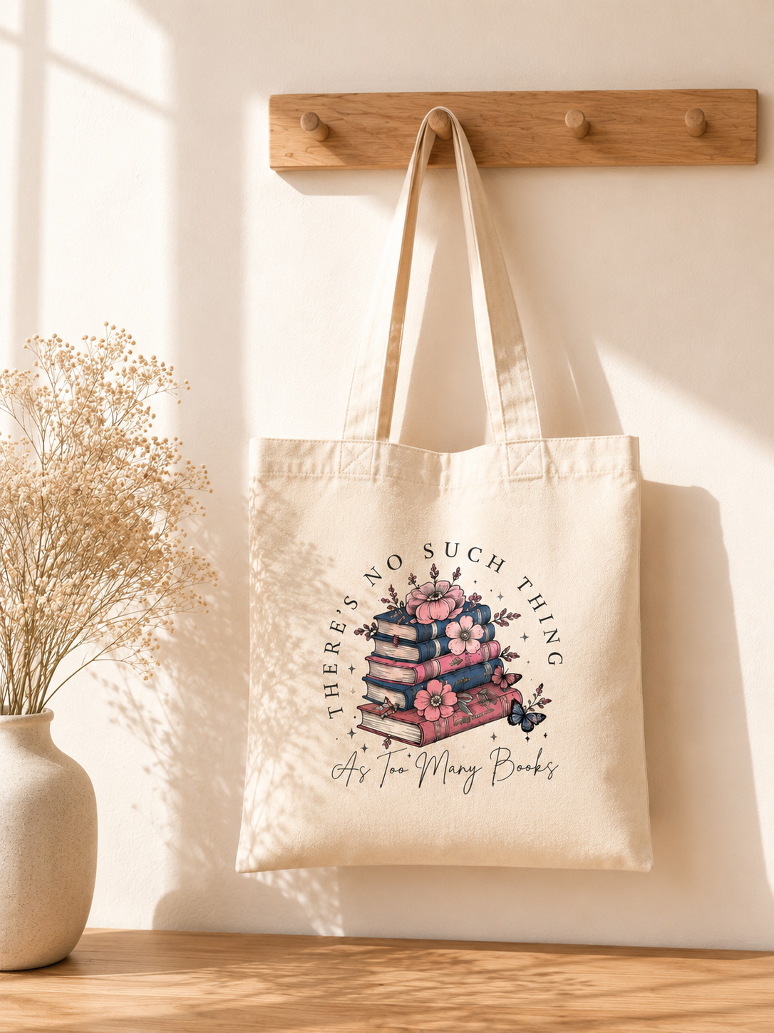 Bookish Tote Bag - Stacked Books Floral Design Canvas Bag