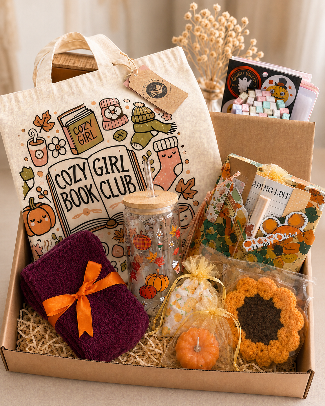 Autumn Blind Date Book Box | Surprise Book, Fall Glass Cup, Pumpkin Candle, Fall Tote Bag, Cloud Socks
