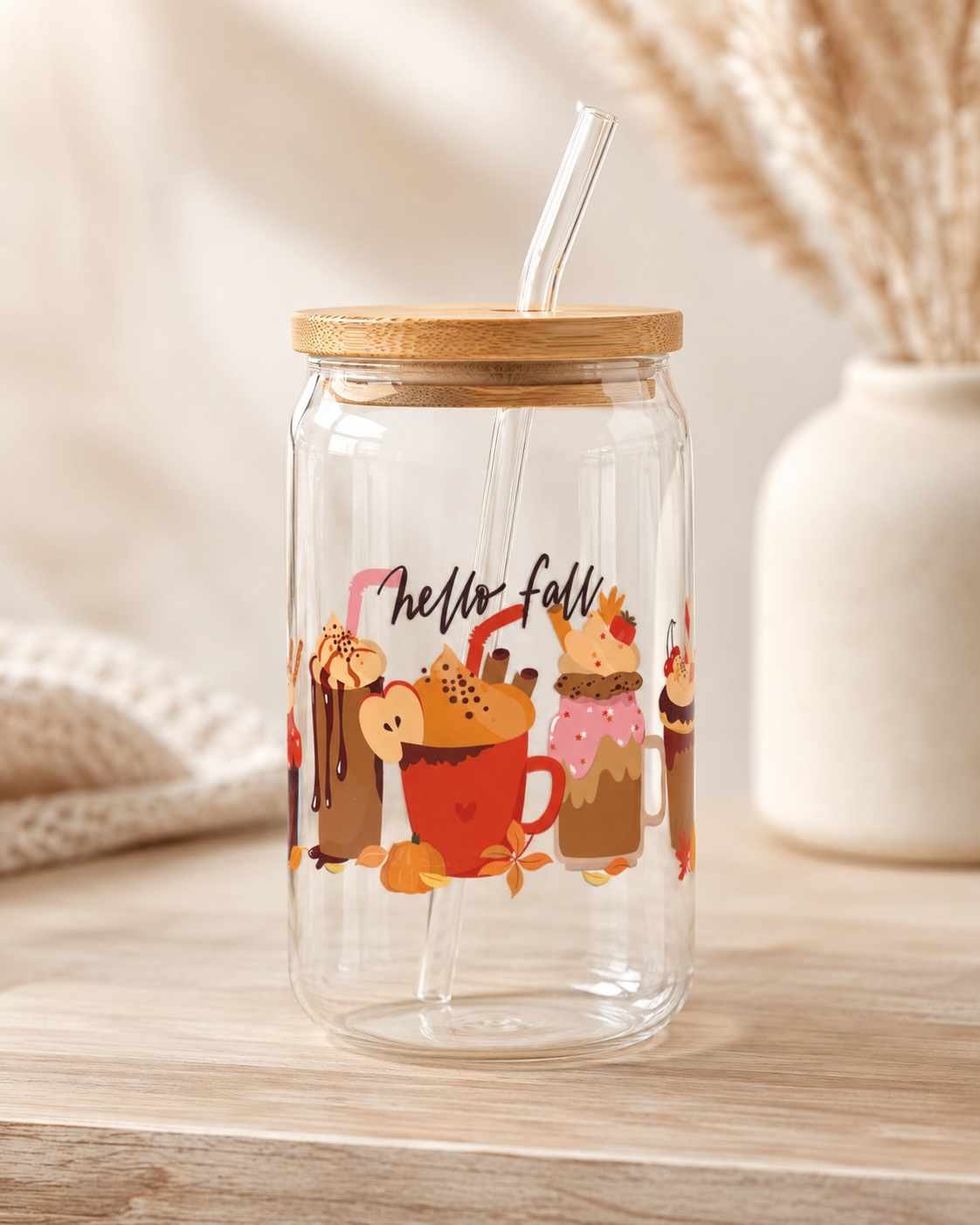 Autumn Glass Tumbler with Bamboo Lid & Straw | Fall Drinkware
