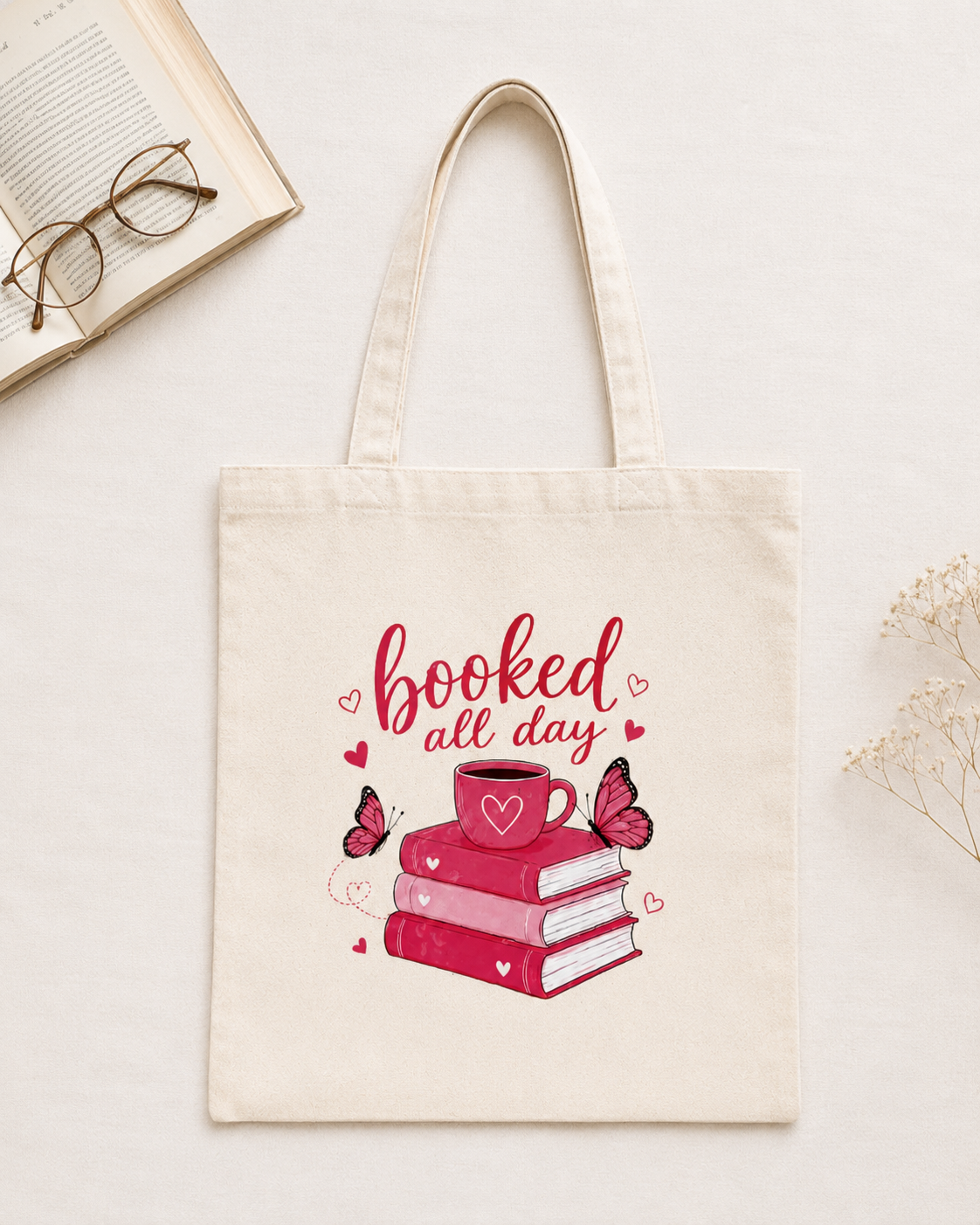 Booked All Day Tote Bag - Bookish Canvas Tote - Book Lover Gift - Pink