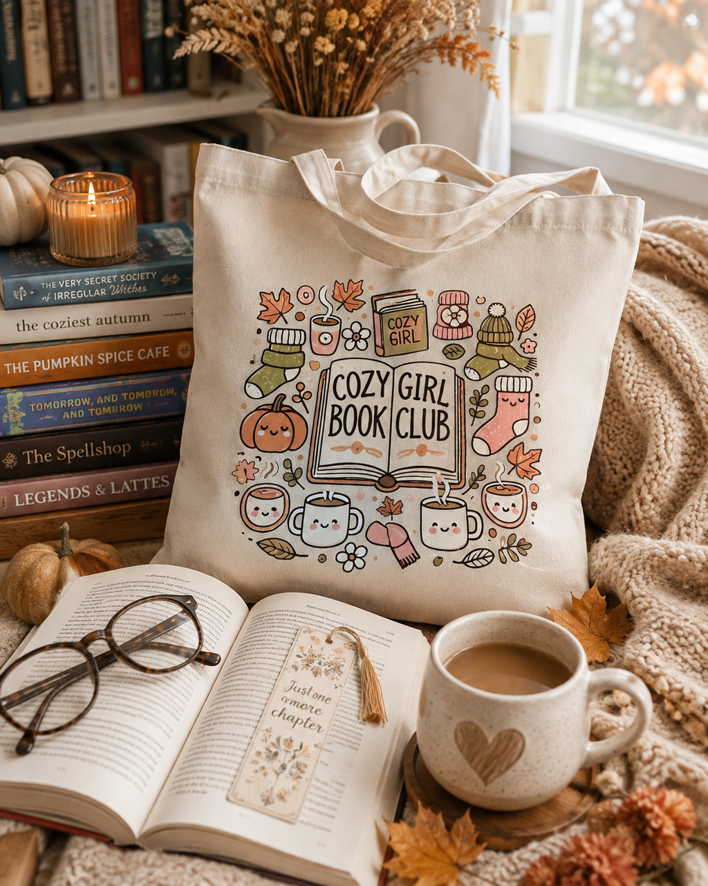 Cozy Girl Book Club Tote Bag | Fall Bookish Tote | Autumn Reader Gift | Cute Book Lover Bag | Cozy Reading Tote