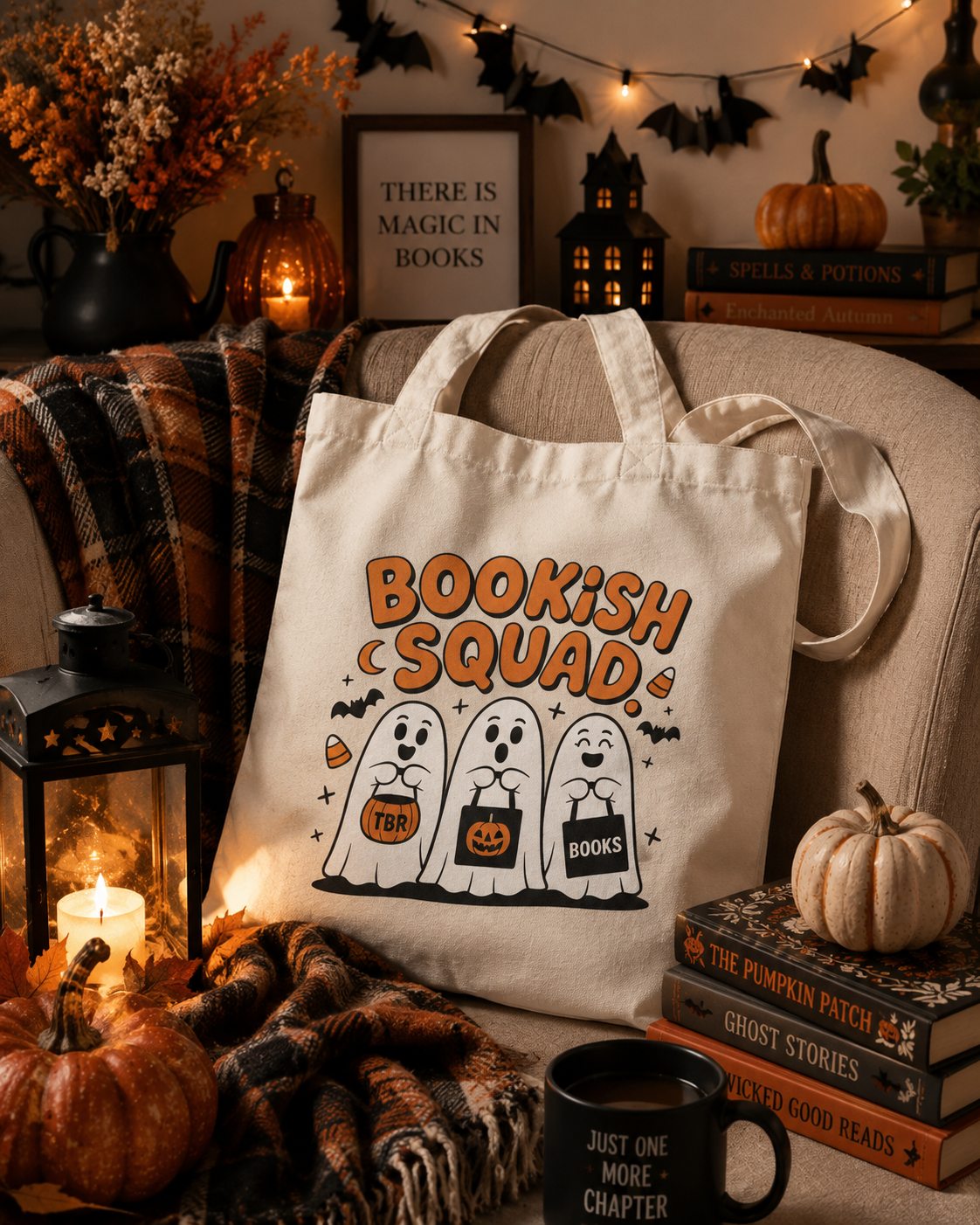 Bookish Halloween Tote Bag, Spooky Book Lover Bag, Fall Reader Gift
