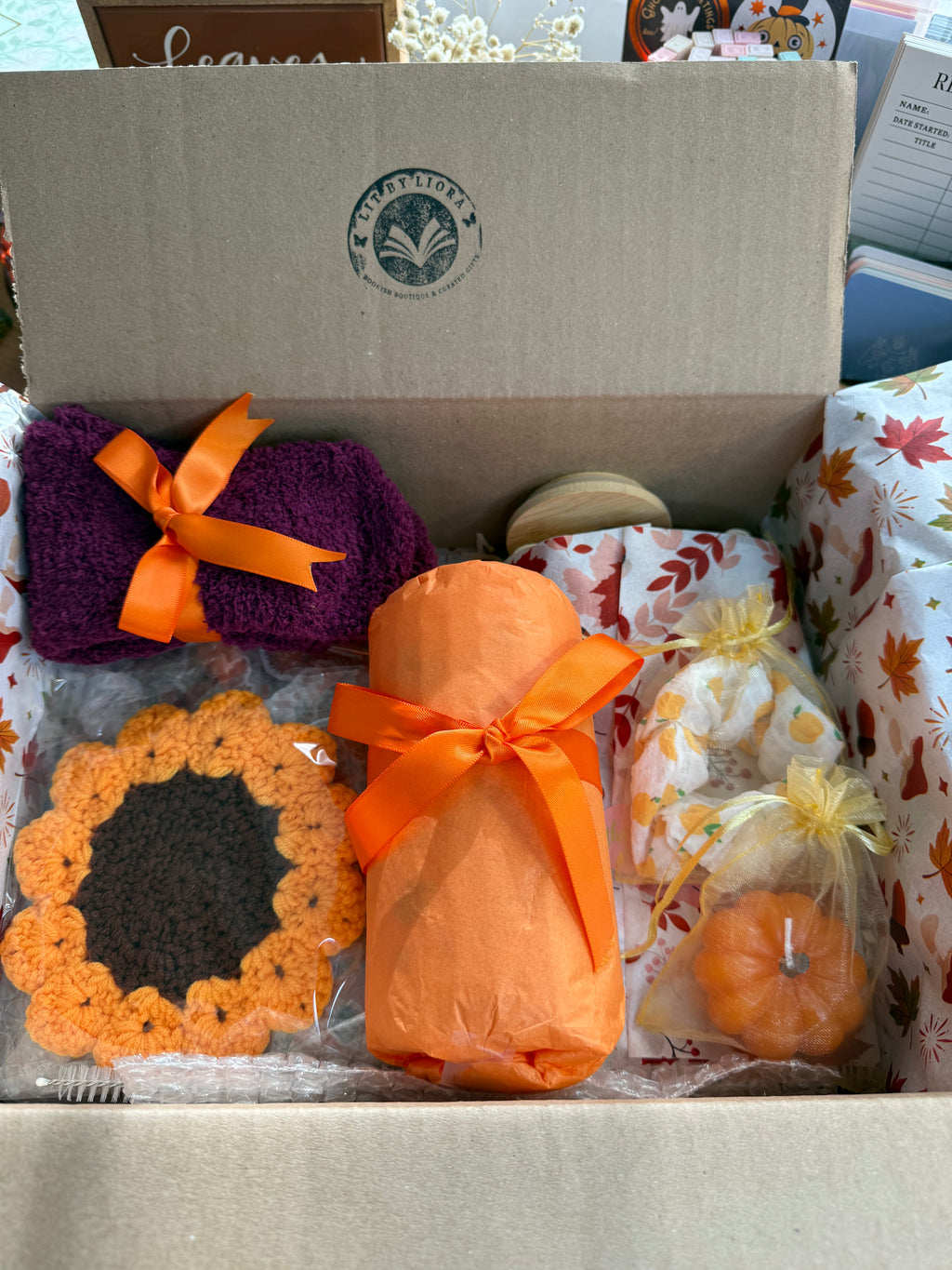 Autumn Blind Date Book Box | Surprise Book, Fall Glass Cup, Pumpkin Candle, Fall Tote Bag, Cloud Socks