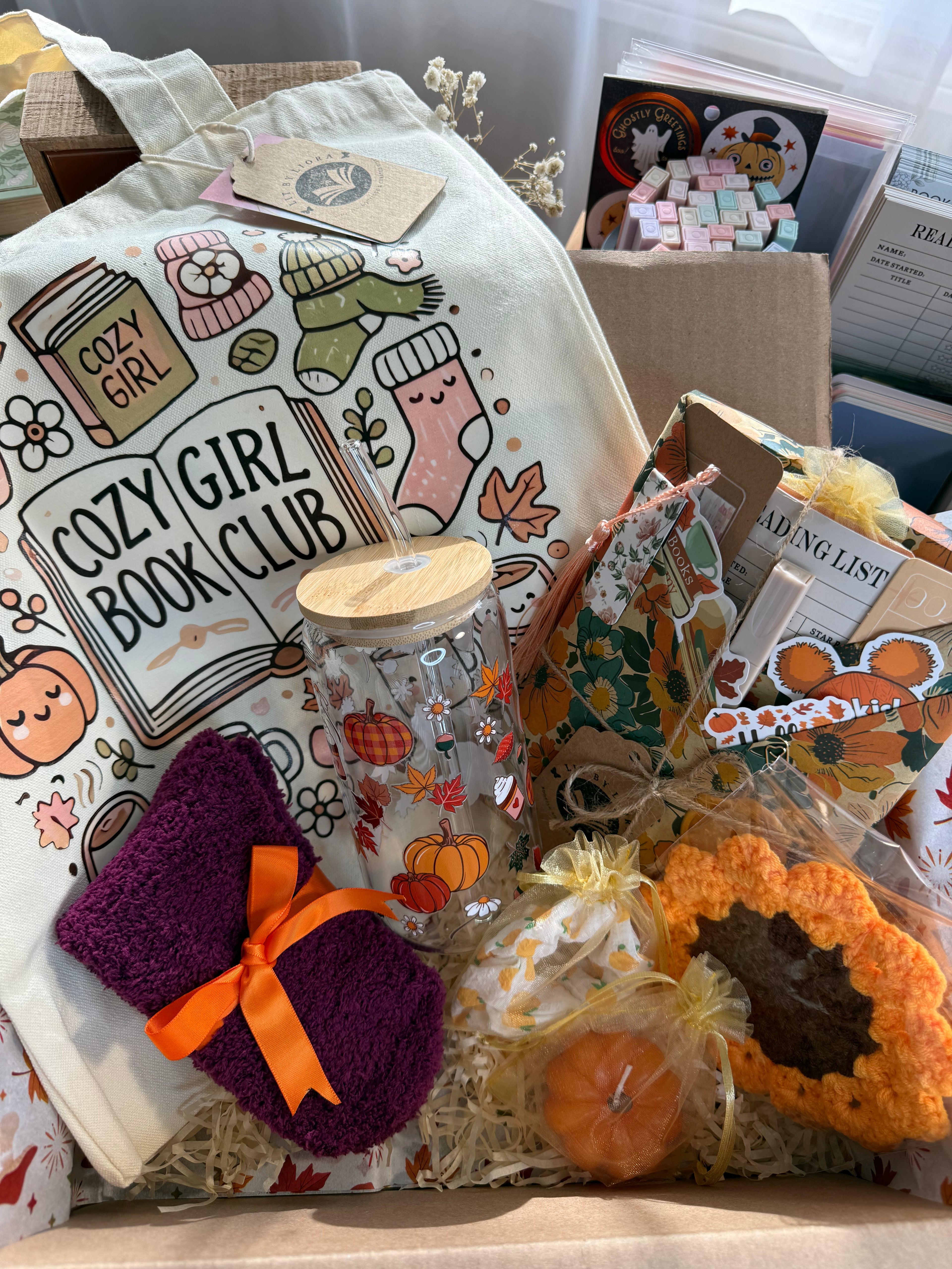 Autumn Blind Date Book Box | Surprise Book, Fall Glass Cup, Pumpkin Candle, Fall Tote Bag, Cloud Socks
