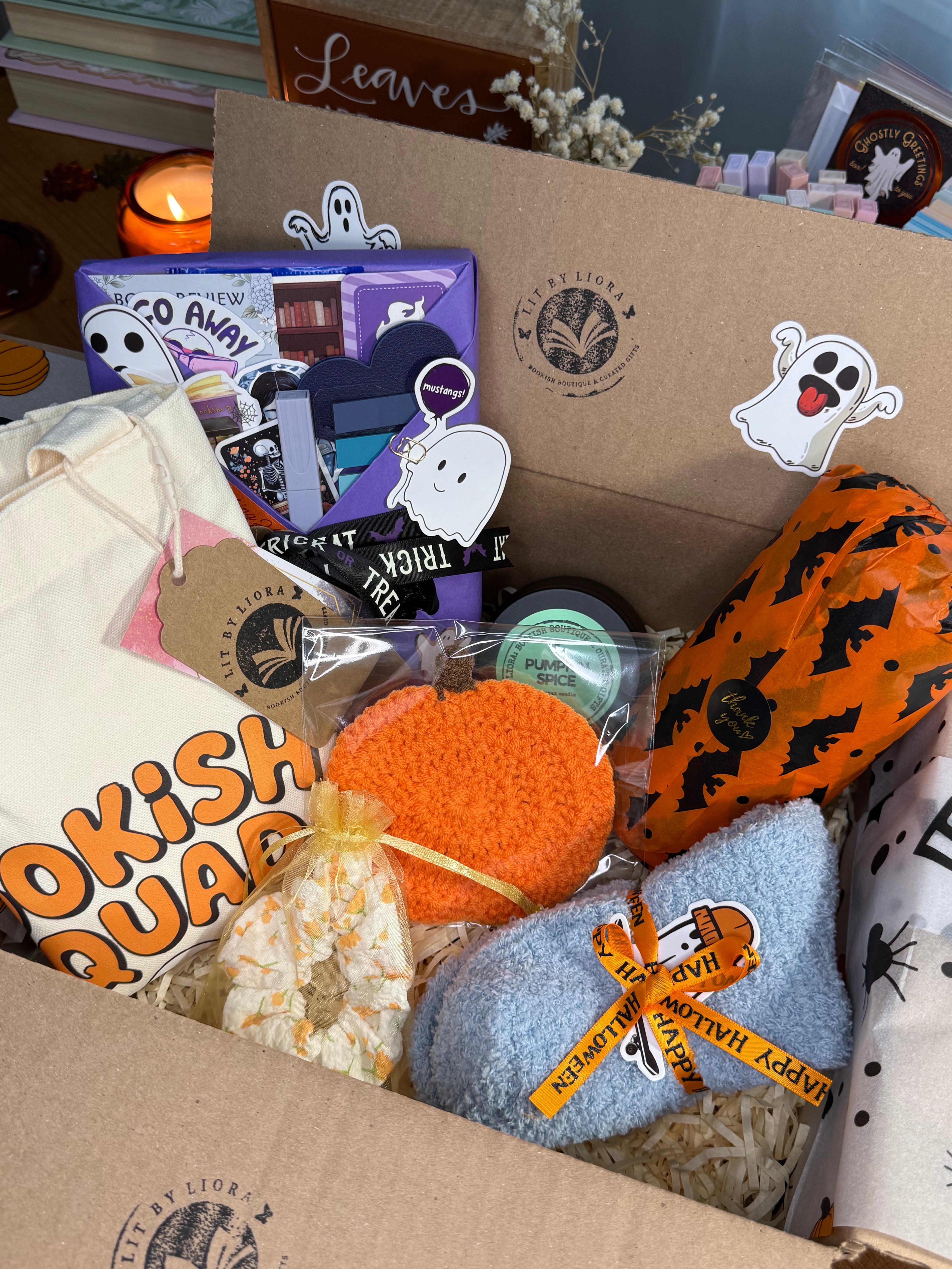 Halloween Book Lover Gift Box - Spooky Blind Date With a Book - Cozy Halloween Reading Bundle (Tote, Candle, Socks)