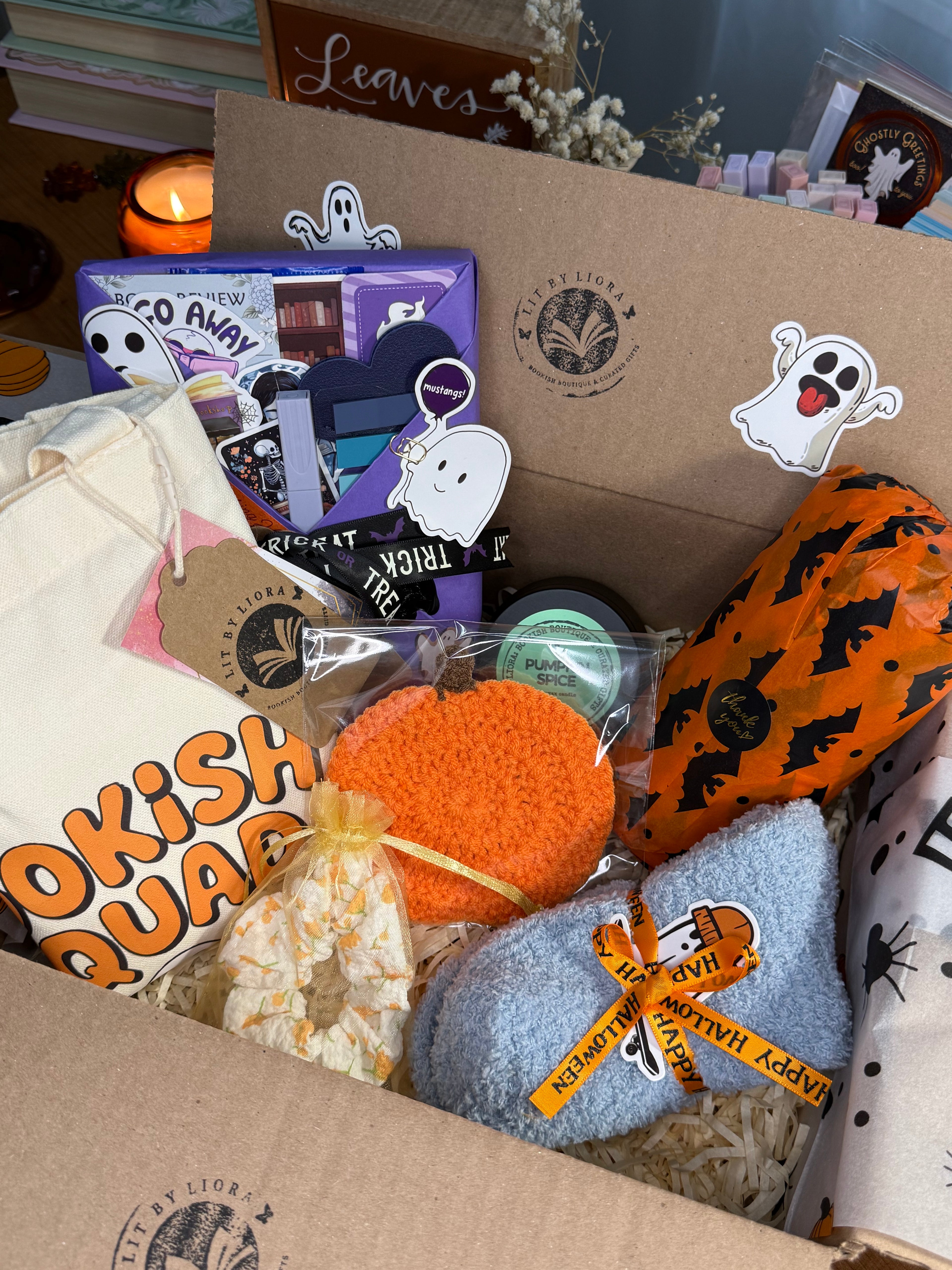 Halloween Book Lover Gift Box - Spooky Blind Date With a Book - Cozy Halloween Reading Bundle (Tote, Candle, Socks)