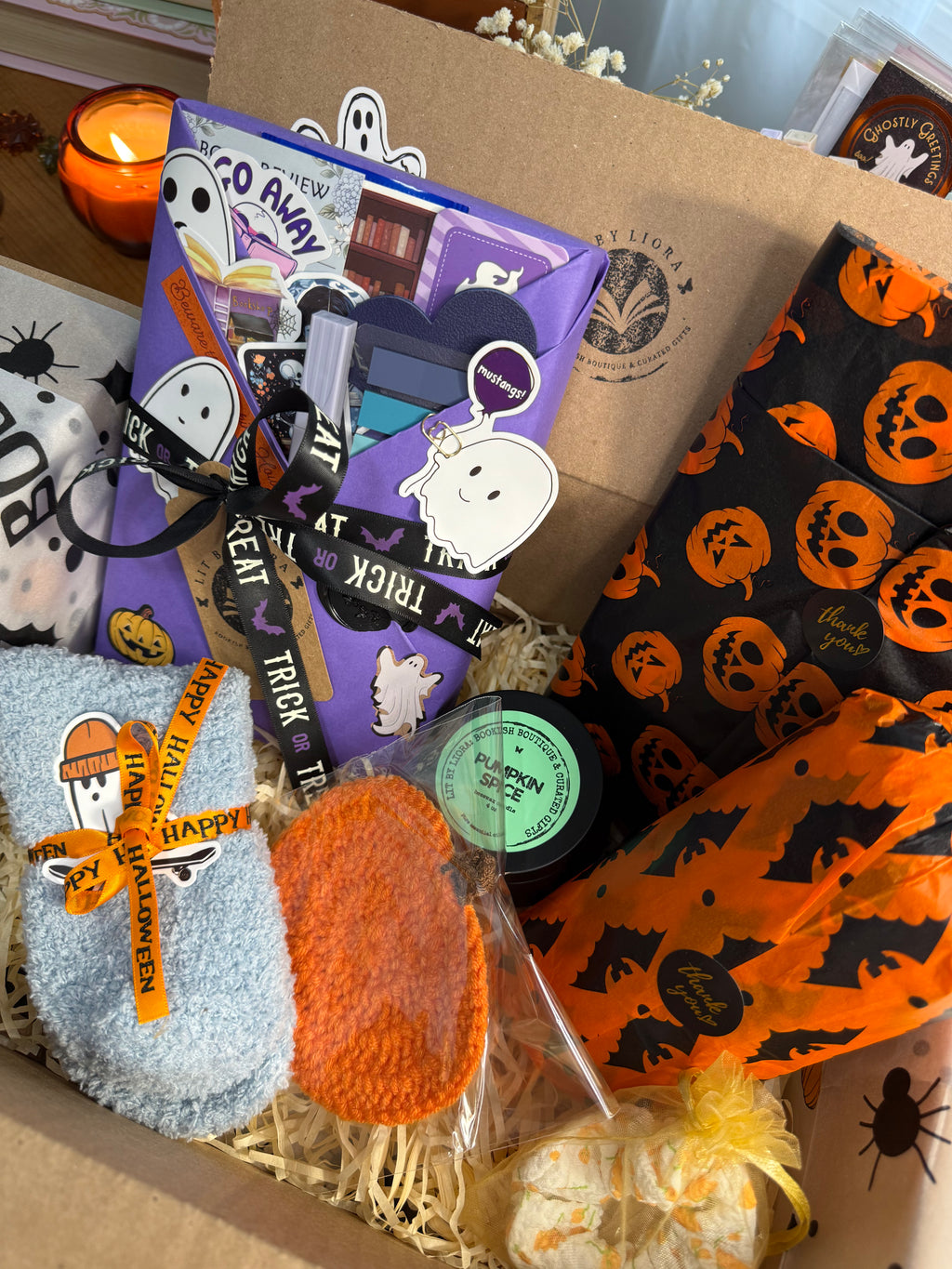 Halloween Book Lover Gift Box - Spooky Blind Date With a Book - Cozy Halloween Reading Bundle (Tote, Candle, Socks)