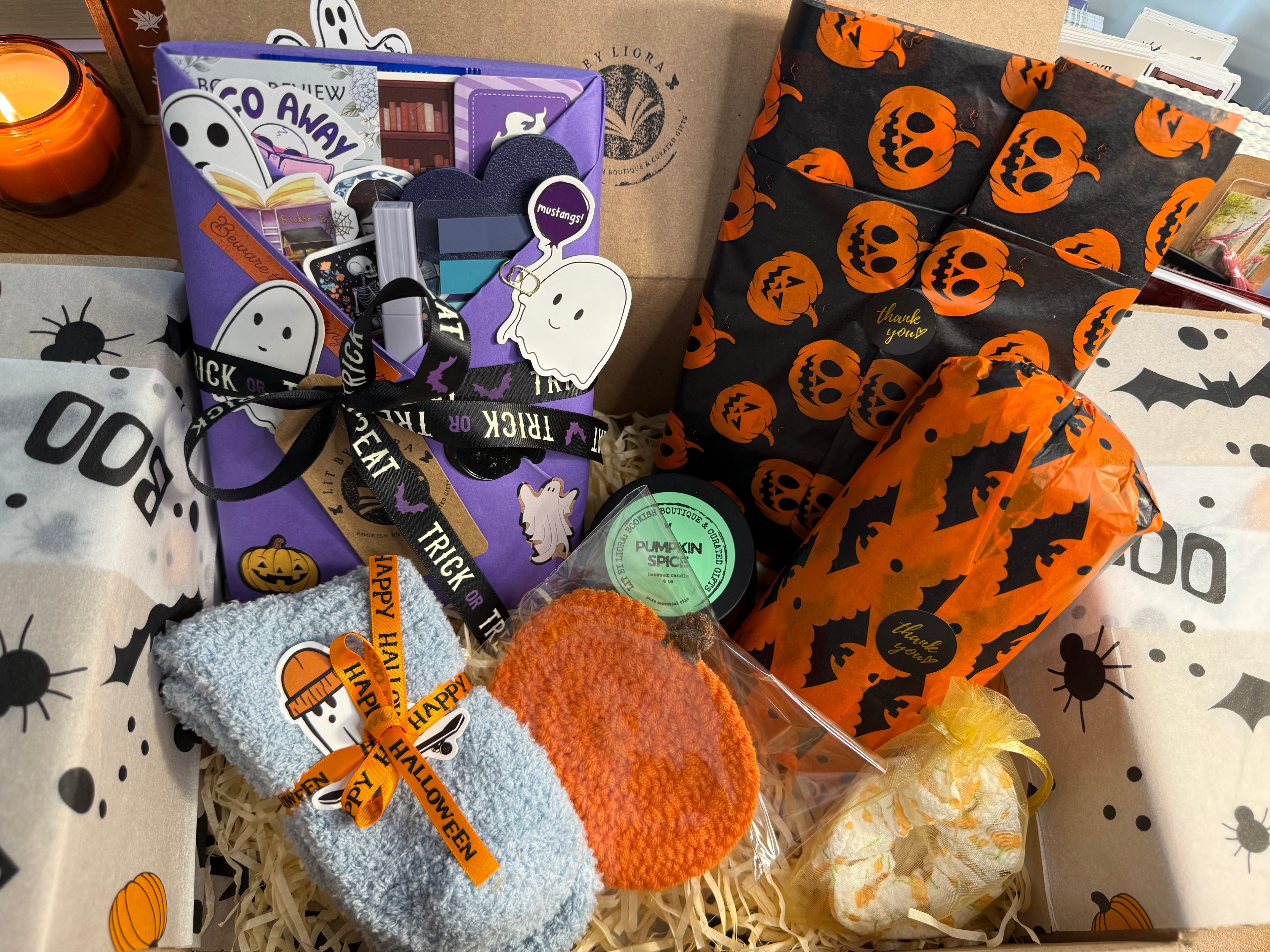 Halloween Book Lover Gift Box - Spooky Blind Date With a Book - Cozy Halloween Reading Bundle (Tote, Candle, Socks)