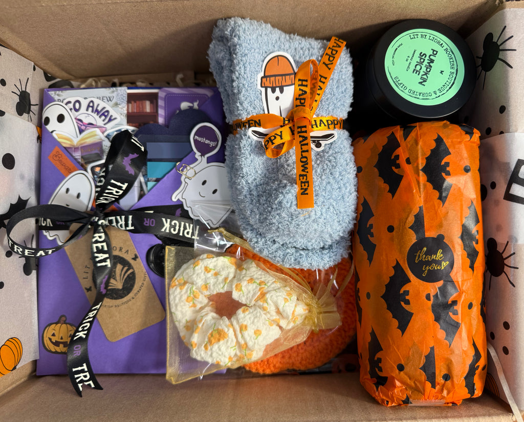 Halloween Book Lover Gift Box - Spooky Blind Date With a Book - Cozy Halloween Reading Bundle (Tote, Candle, Socks)